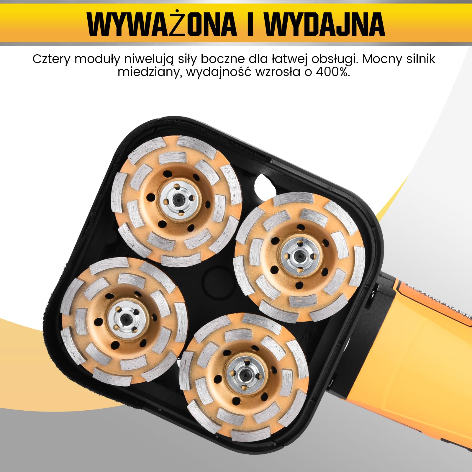 XIIW Szlifierka do posadzek 3800W z 4 tarczami diament. 100mm, 6 biegów | Frezarka do betonu z systemem odpylania suchy/mokry, 6000 RPM – szlifowania, wyrównywania i polerowania kamienia kleju tynku