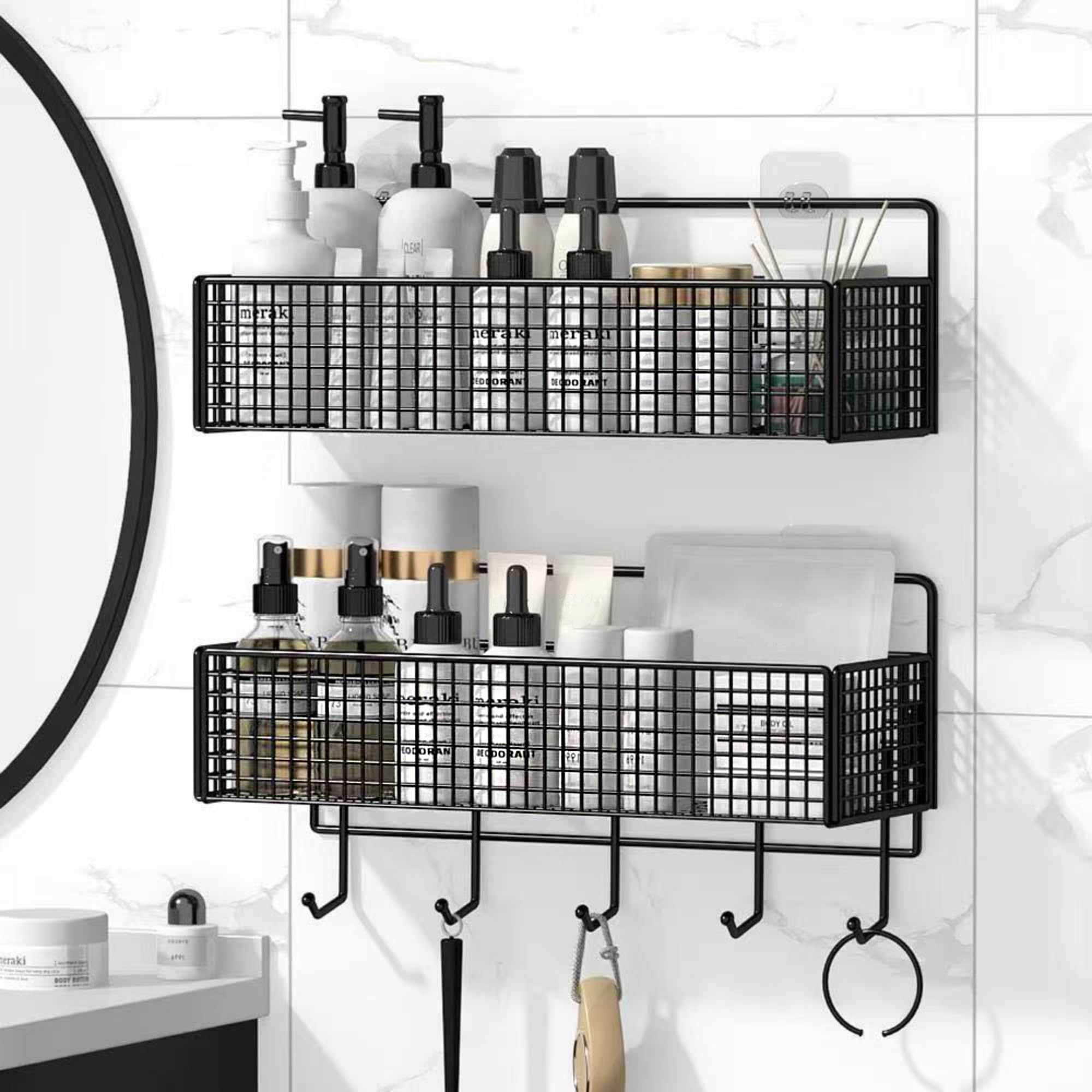 YICKHEWEN Metal Hanging Baskets 2-Pack - Wire Wall Storage Organizer with Hooks Adhesive Shelves for Kitchen Bathroom Pantry