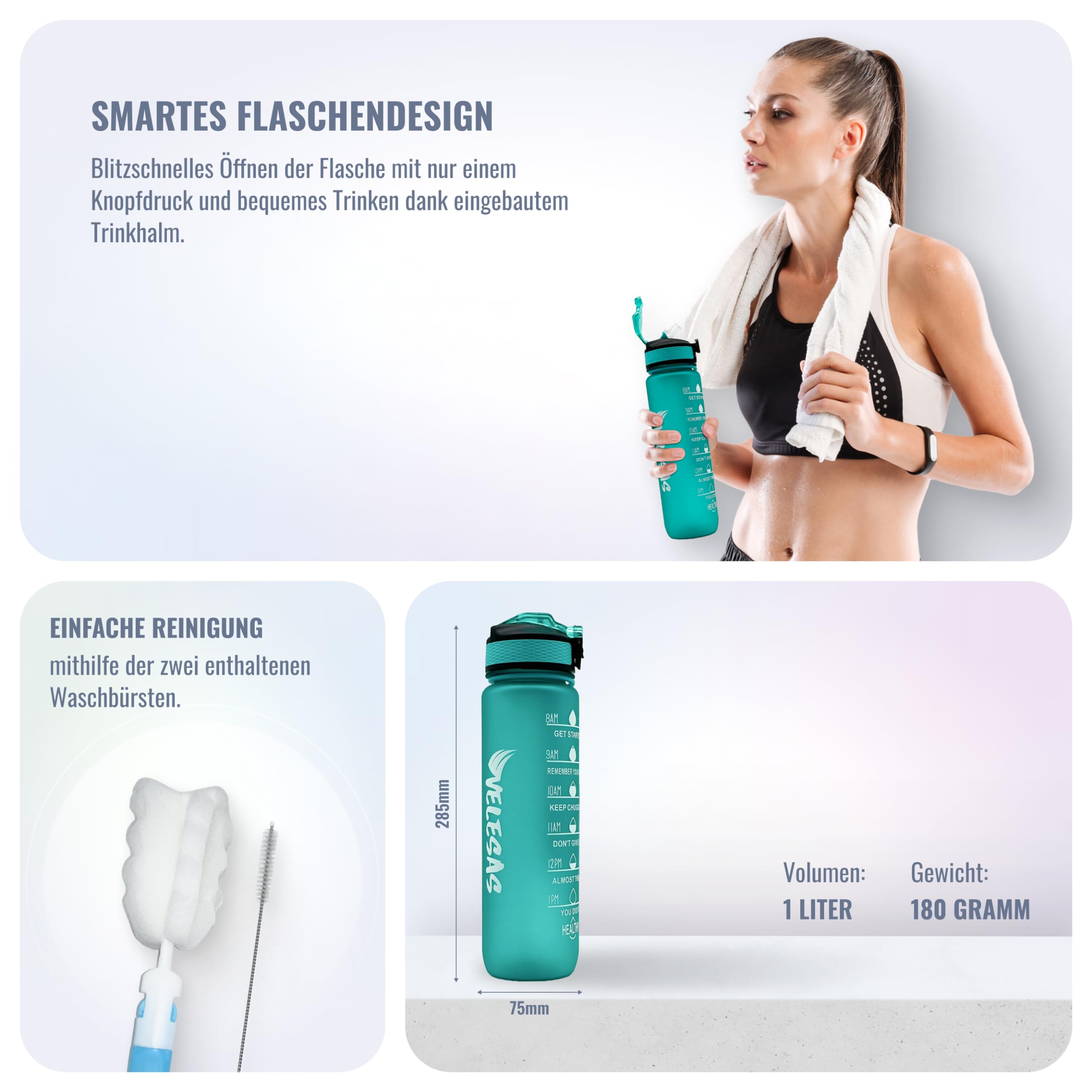 VitaZam 1 Liter Wasserflasche – Mit Zeitmarkierungen & Motivierenden Sprüchen, BPA-frei, Auslaufsicher – Für Sport, Büro & Outdoor