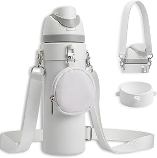 White Water Bottle Holder Carrier Strap Set Compatible with Owala Free Sip 16oz 24oz 32oz 40oz Sway Tumbler Crossbody Sling Accessories Adjustable Silicone Ring Pouch