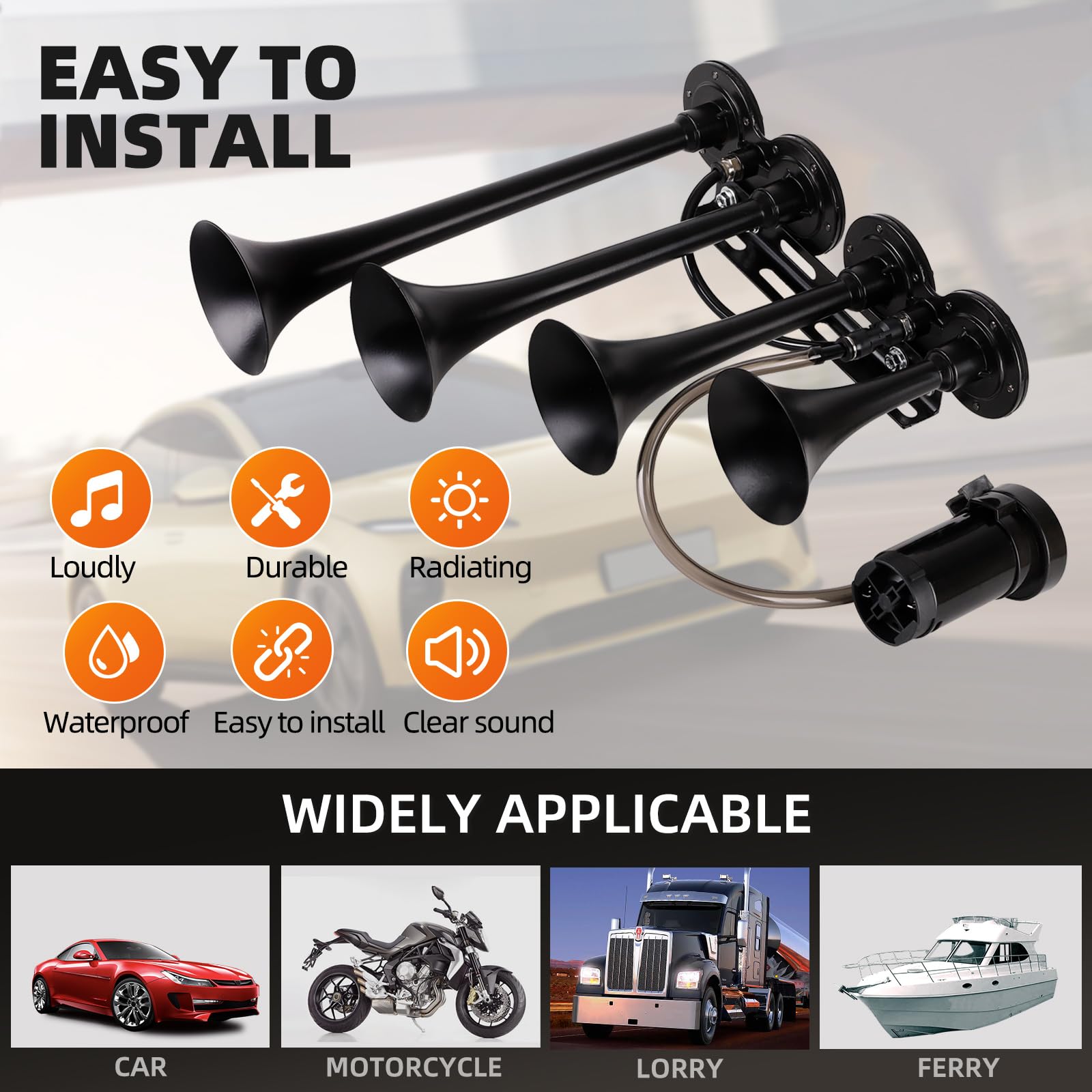 Train Horn drill Kit,12V 150db Super Loud Air Horns 4 Trumpet with compressor suitable for pickup/motorhome/SUV/truck/train(4-Trumpet with Air Compressor 12V and button)