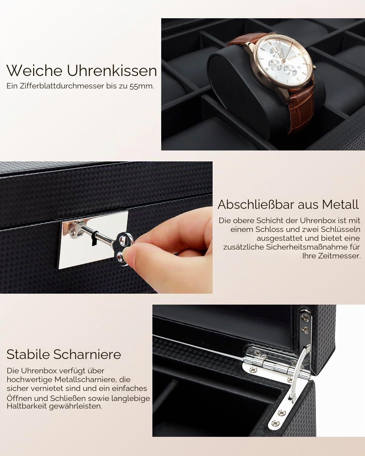 Uhrenbox mit 10 Fächern, Uhrenkasten mit großem Glasdeckel, abnehmbare Uhrenkissen, Metallschloss mit einem Schlüssel, Geschenkauswahl, schwarz