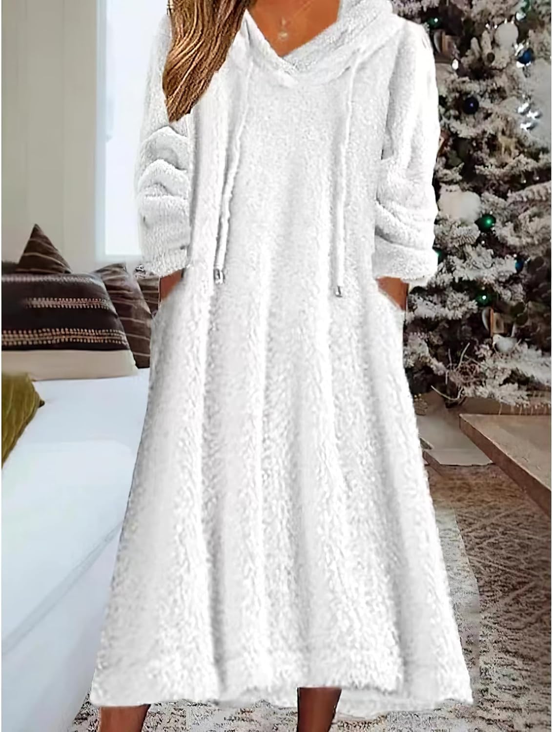 Women's Casual Fluffy Granular Fleece Sherpa Hooded Dress Oversized Plush Fuzzy Pullover Coat with Pockets