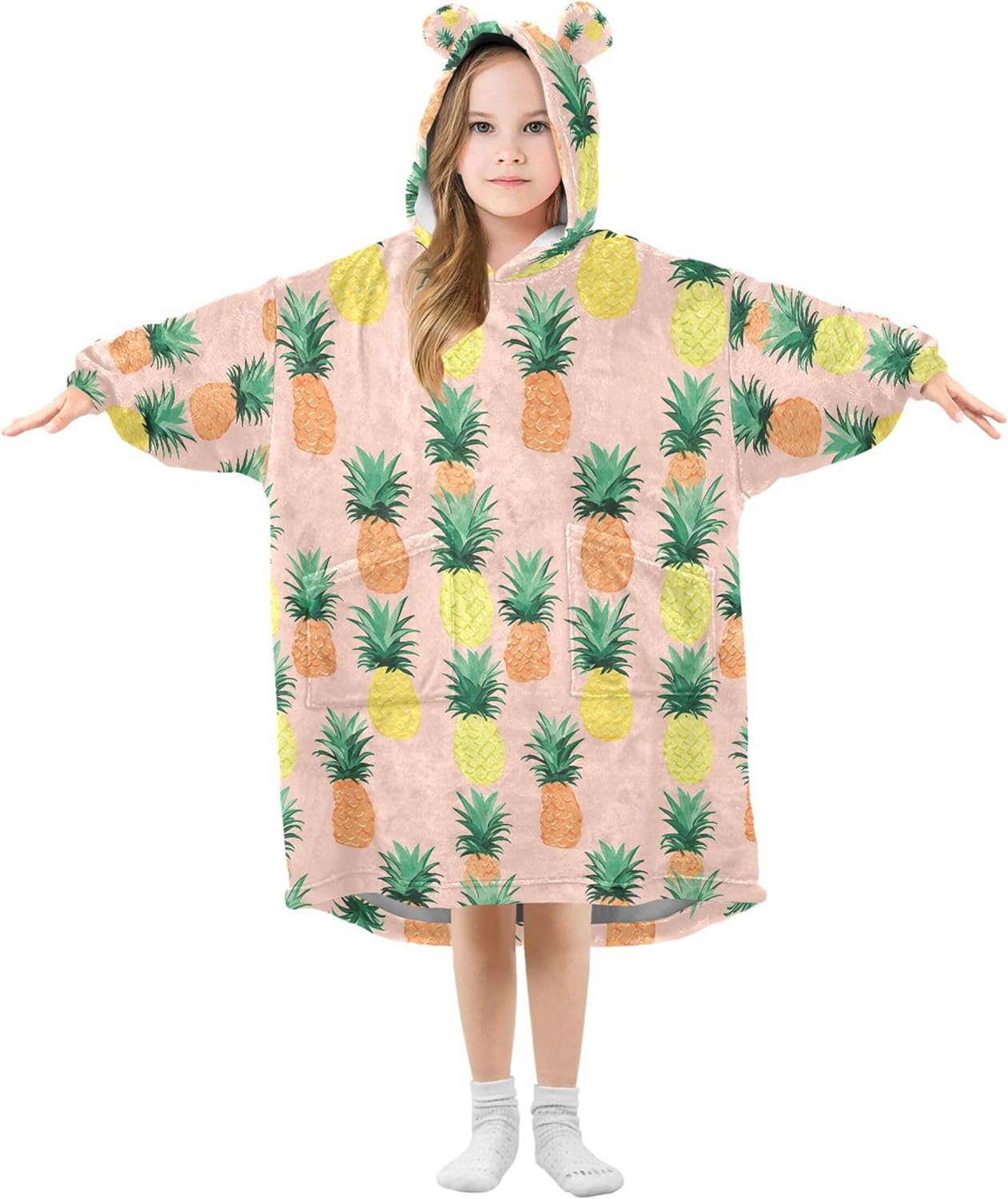 Pineapple Fruit Summer Kids Wearable Blanket Hoodie with Pocket and Sleeves for Toddlers, Cute Hoodies Girls B0403894