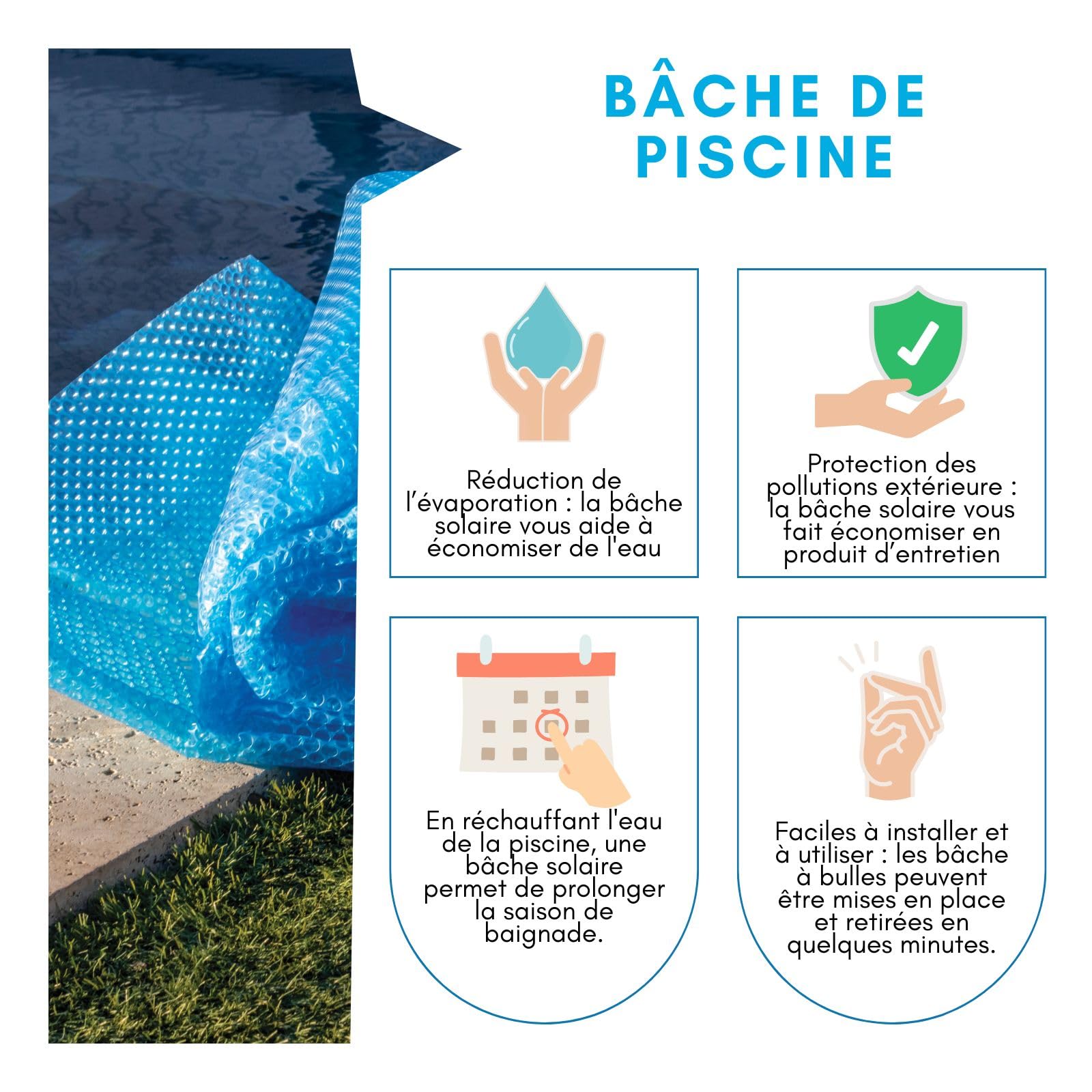 Bache Solaire 505 x 305 cm - Ovale - Bleu - pour Piscine Acier