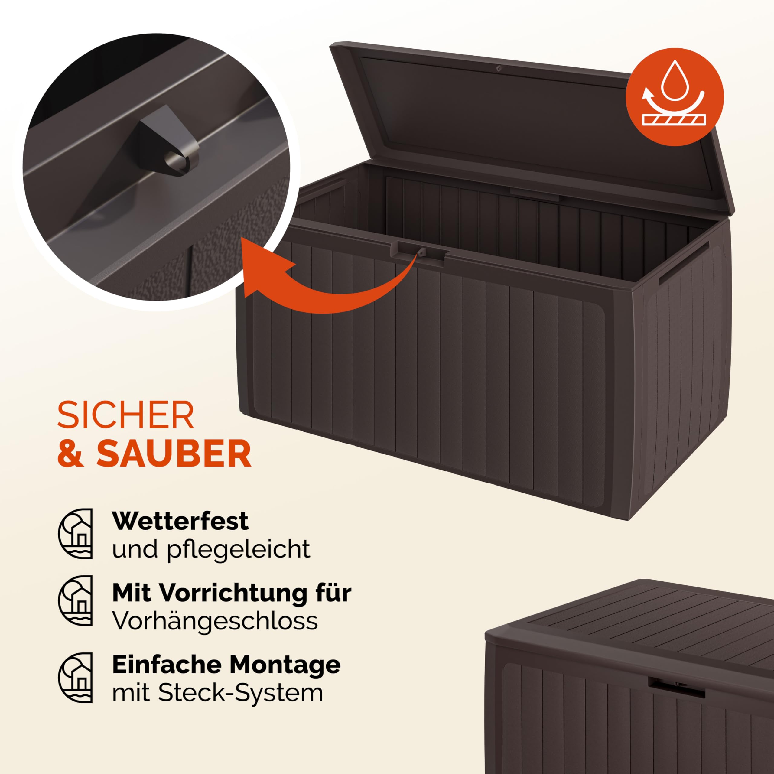 Casaria® Gartenbox Auflagenbox abschließbar Braun 290L UV-beständig Haltegriffe Rollen Verschlussvorrichtung Balkon Garten Kissenbox Aufbewahrungsbox 117x47cm Wetterfest Paneelstruktrur
