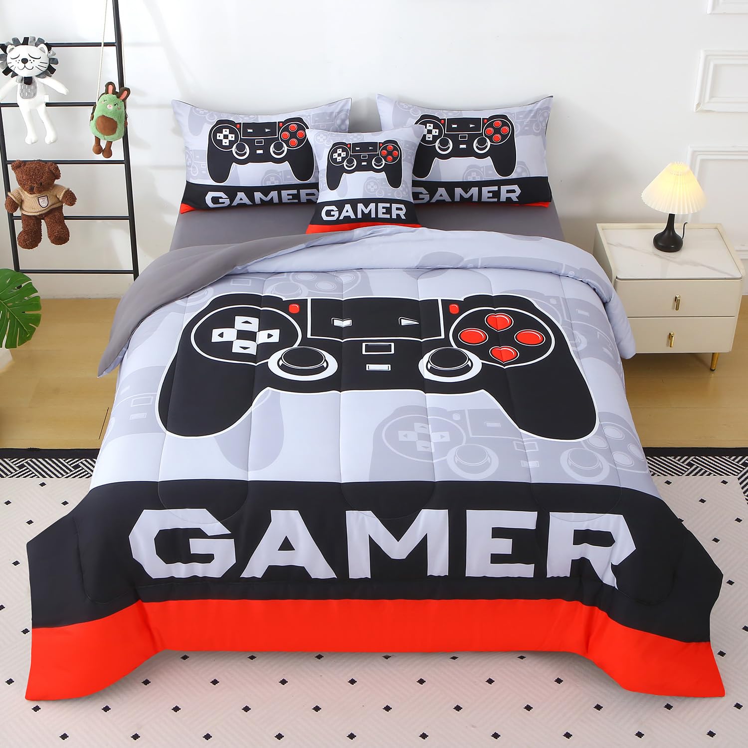 Photo 1 of JQinHome Twin Gamer Comforter Sets for Boys,6 Piece Bed in A Bag 3D Video Gamer Bedding -All Season Microfiber Gaming Bedding Set for Kids, with Sheet Sets(Cyber Red)