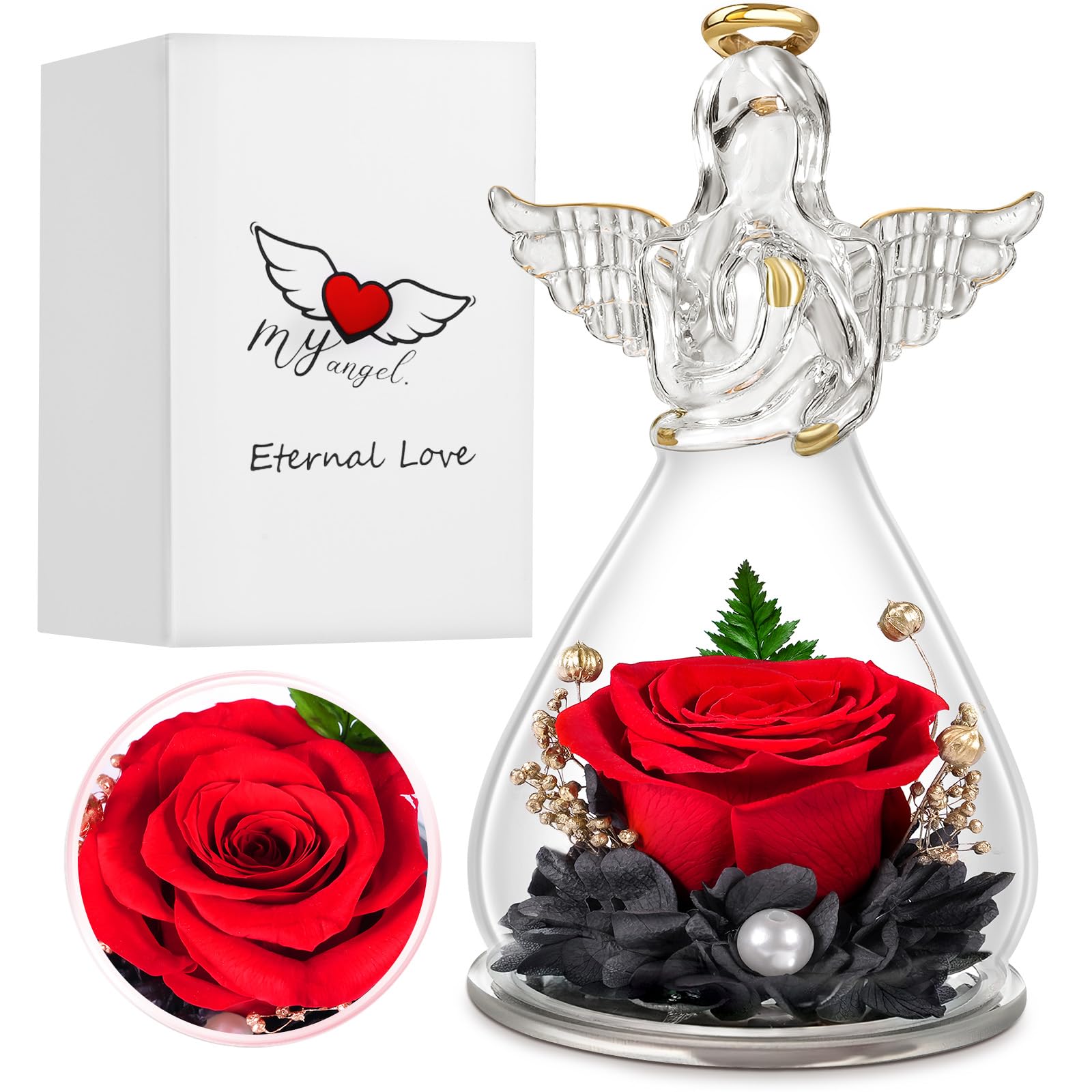 Rose Éternelle Sous Cloche Ange Gardien - Fleur Préservée Rouge Avec Figurine Ange - Cadeau Romantique Mère Femme