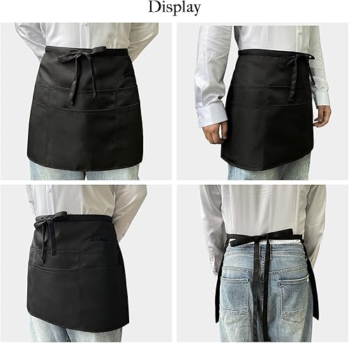 Miniatura 5 de Delantales de servidor negros con 6 bolsillos, delantal de cintura para camarero unisex, peluquero y limpiador