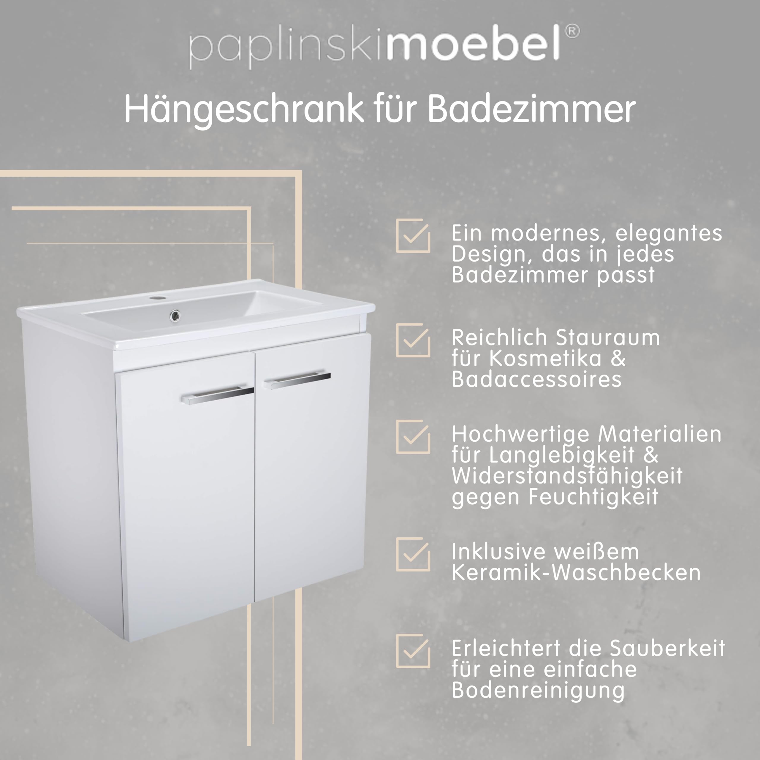 Waschbecken mit Unterschrank Weiß 60 cm Breite mit Waschbecken Bilbao Sink - Waschbeckenunterschrank, Bad Waschtischunterschrank, Badunterschrank mit Waschtisch