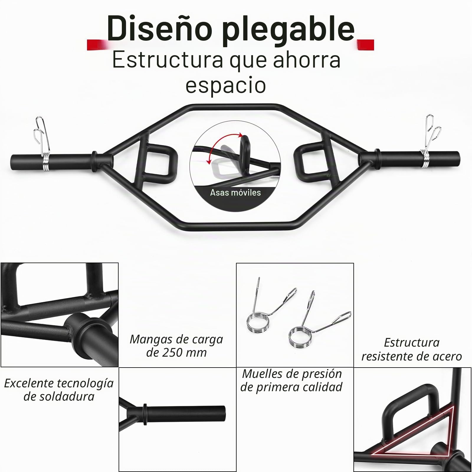 KOMFOTTEU Trap Bar 50mm, Barra de Pesas con Mango Plegable, Barra Hexagonal de Acero con Cierre de Muelle, Barra de Trampa con carga 363 kg para Sentadillas, Peso Muerto, 142 cm
