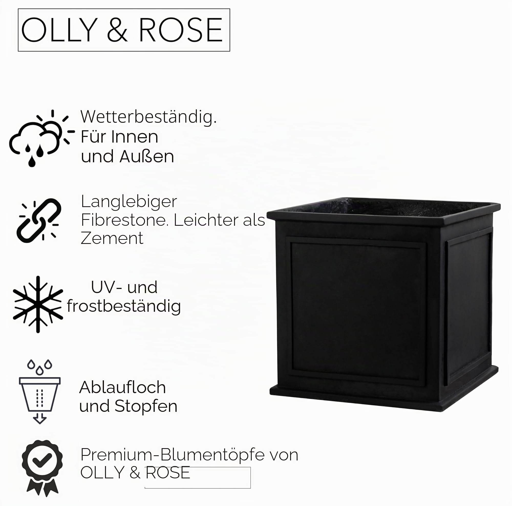 Olly & Rose Fibretone Blumentopf, traditionell, extra groß, für drinnen und draußen, 40 x 40 cm, Schwarz