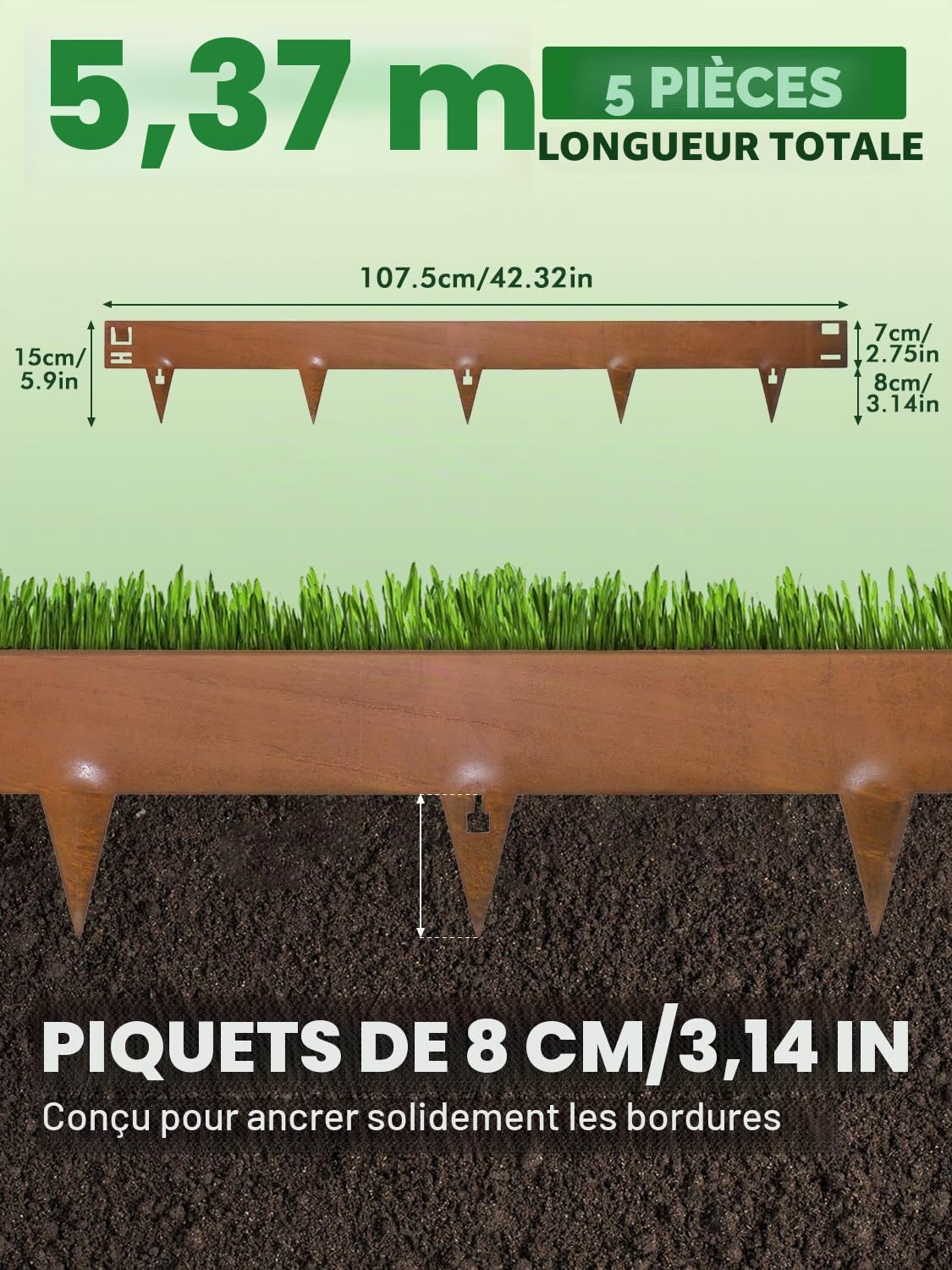 Bordure Jardin Exterieur en Acier Corten, 5Pcs 107,5×15cm Bordure de Pelouse Métal | Flexible Bordures Paysagères, Bordure de Gazon en Rouille,Bandes Pliables pour Séparateur de Chemin,Cour