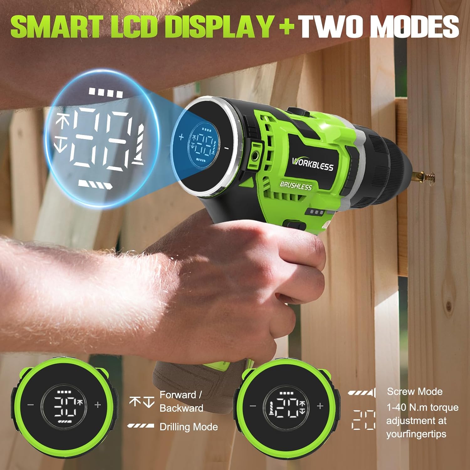 12V Cordless Drill, Brushless Power Drill with LCD Smart Display, 29+1 Torque Setting, 3/8 Inch Keyless Chuck, 18Pcs Drilling/Driver Bits, 2.0Ah Battery & Charger Included(Green)