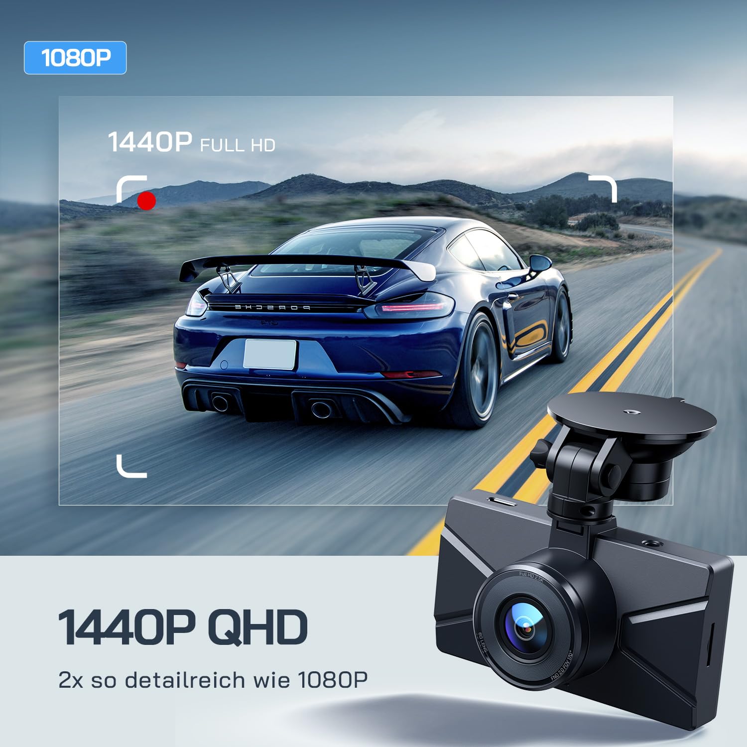 WOLFANG Dashcam Auto Vorne Hinten 2,5K+1080P Auto Kamera, Ultra Nachtsicht, 170°Weitwinkel, WDR, 24 Std. Parkmodus, G-Sensor, Loop-Aufnahme