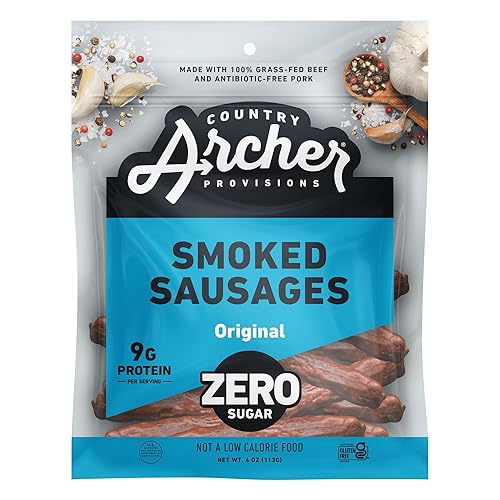Country Archer - Salchichas ahumadas sin azúcar, 100% carne de res alimentada con pasto y terminada y palitos de cerdo naturales, sin azúcar, sin