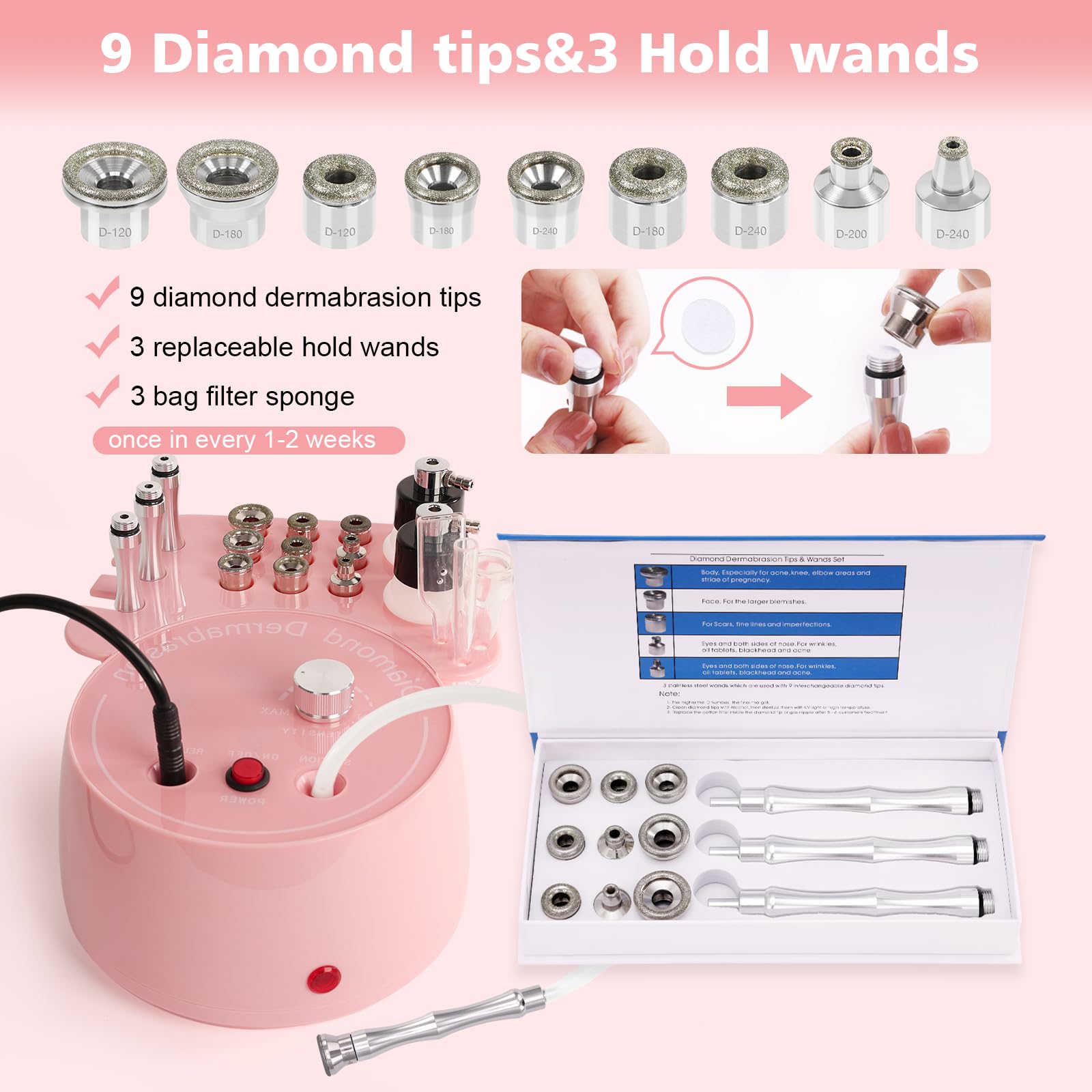 3 in 1 Dispositivo di dermoabrasione professionale, barra magica speciale per centri estetici, flaconi spray, tubi di vetro sottovuoto e altre attrezzature professionali per (Rosa)