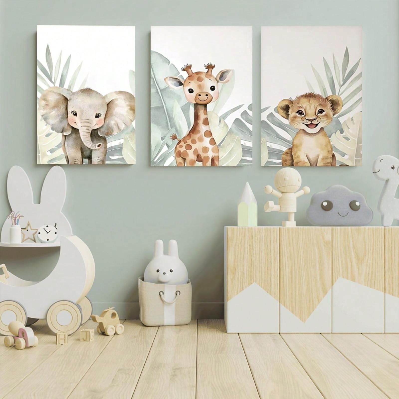 ZBELLO Set of 3 Safari Animal Wall Art Prints, Watercolor Elephant Giraffe & Lion Posters, Nursery Decor for Baby Bedroom, Unframed (21x30cm)