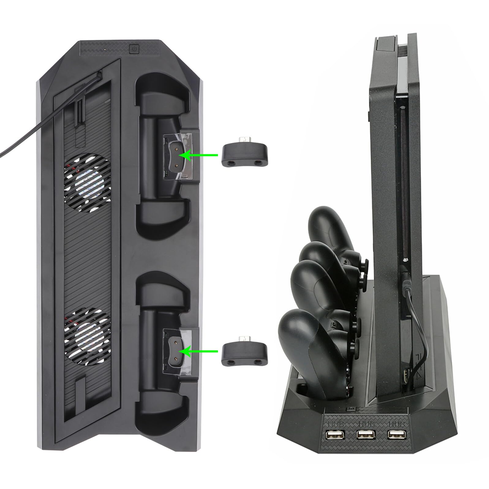 Supporto Verticale con Ventola Raffreddante per Console Pro Stazione di Ricarica Doppia per Controller e USB Hub Multifunzionale Base Salvaspazio Nera