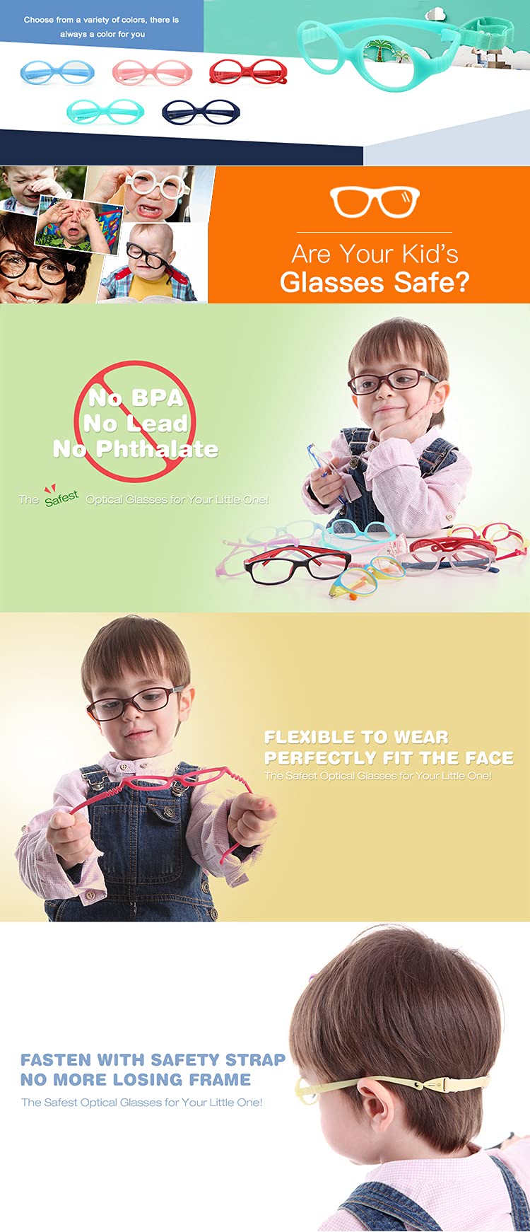 No souple vis filles lunettes taille 41/15 avec cordon, garçons lunettes & sangle, Baby lunettes pliables Safe 0-1 ans