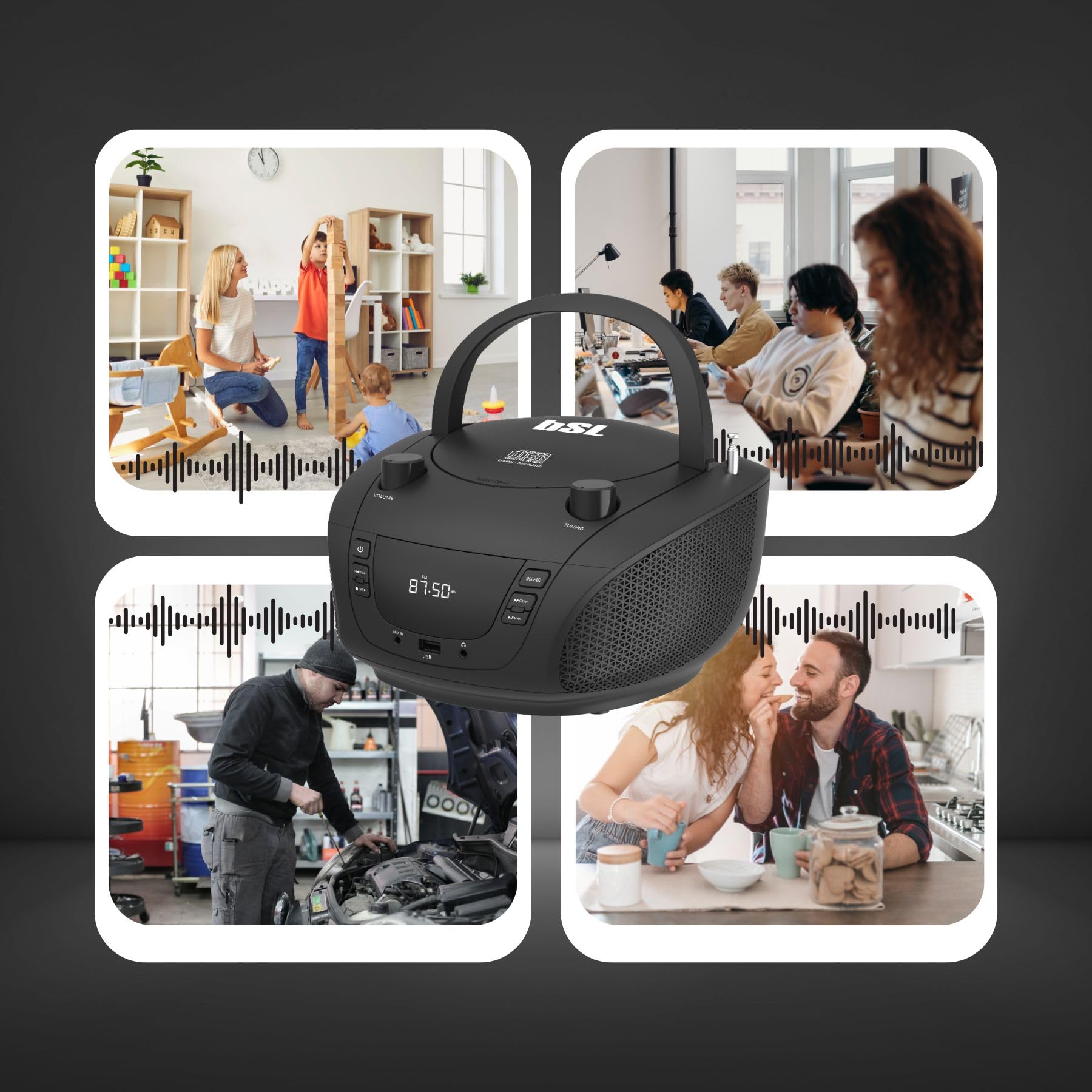 Boombox Tragbares CD-Radio mit Bluetooth BSL JL-2031A, mit 4 W RMS-Leistung, FM-Radio und USB-Anschluss, kompatibel mit MP3-Dateien, LCD-Display, AUX-Eingang und Kopfhörerausgang