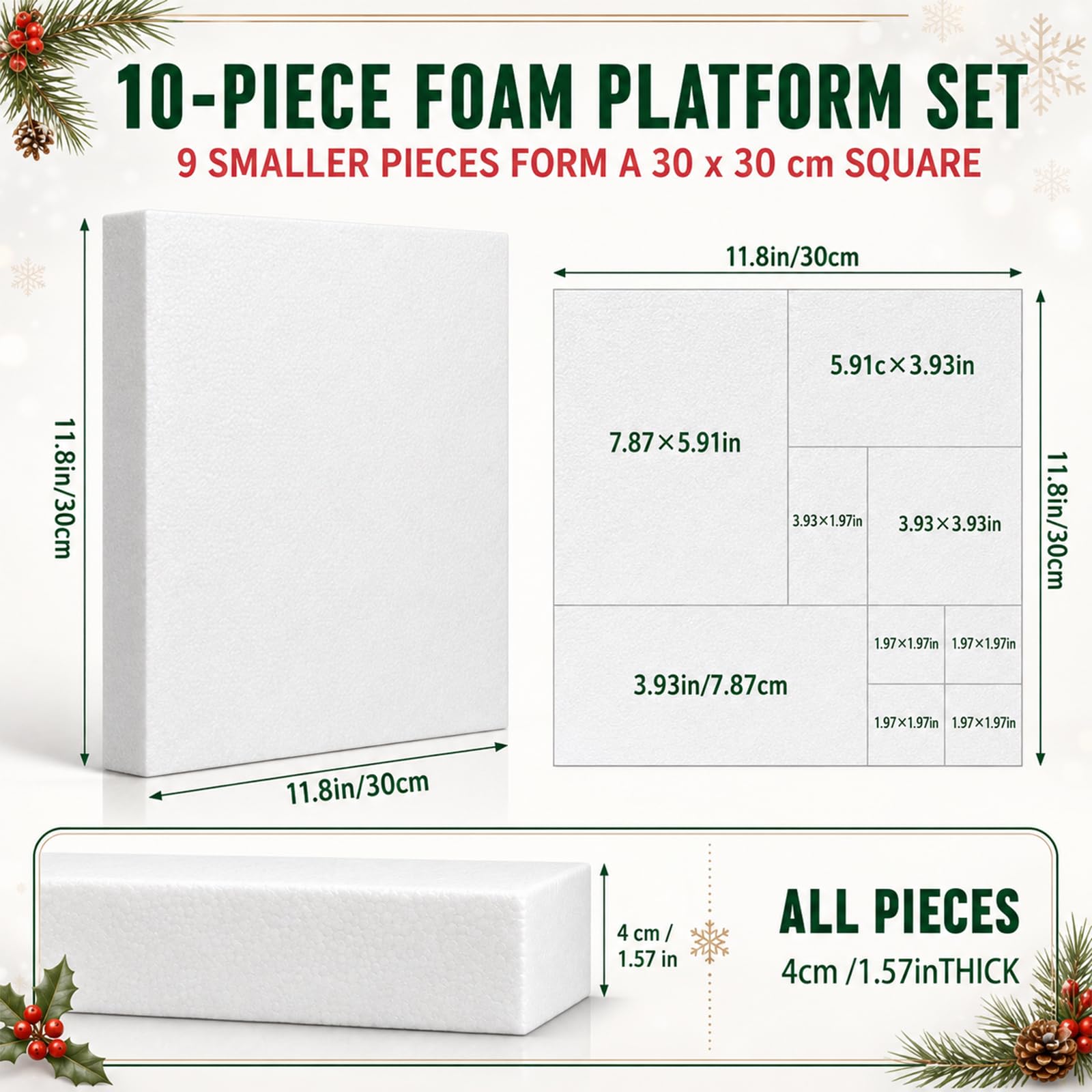 Pangda Lot de 10 présentoirs de village de Noël assortis en blocs de mousse