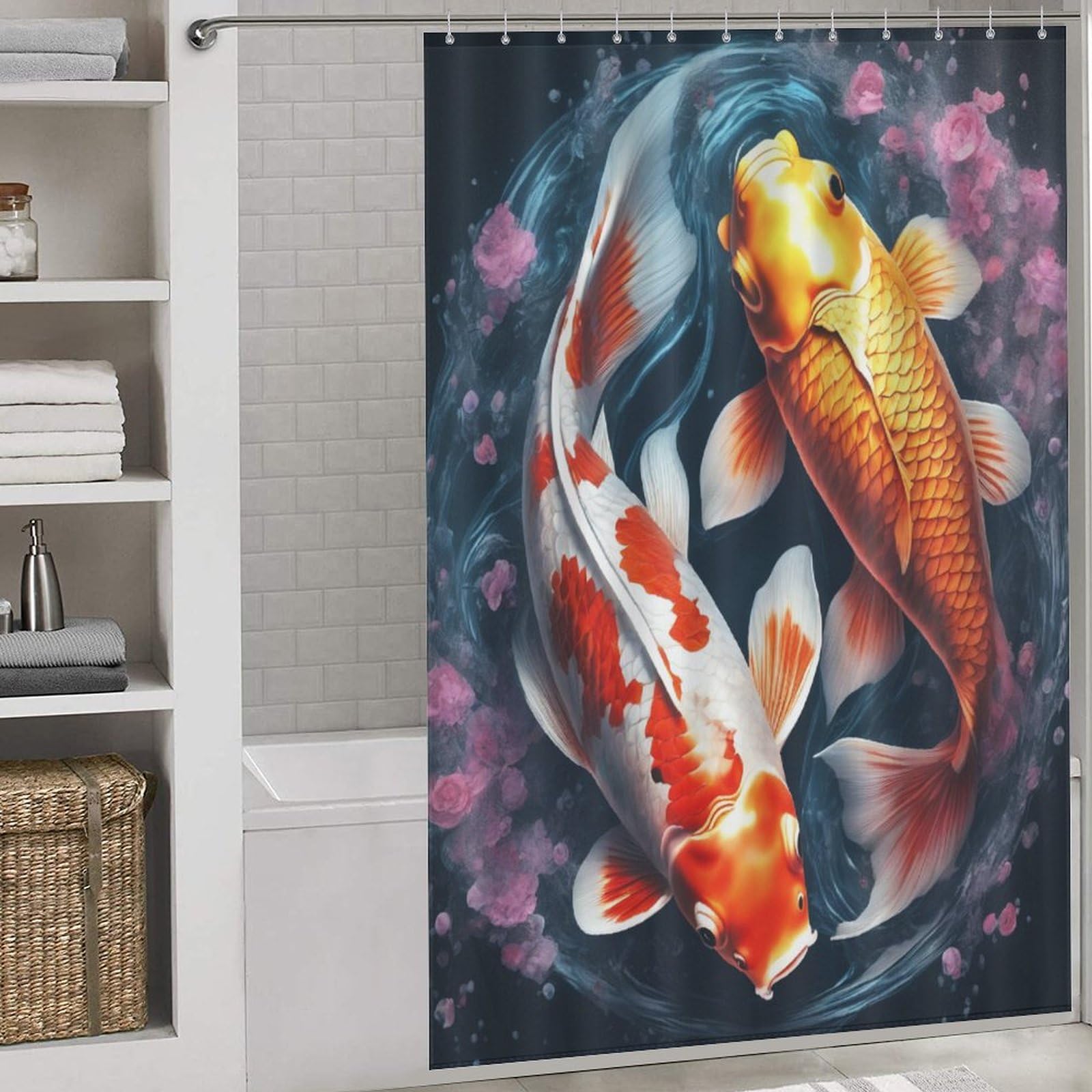 Rideau de douche poisson koï tissu polyester imperméable 152x183 cm lavable avec crochets
