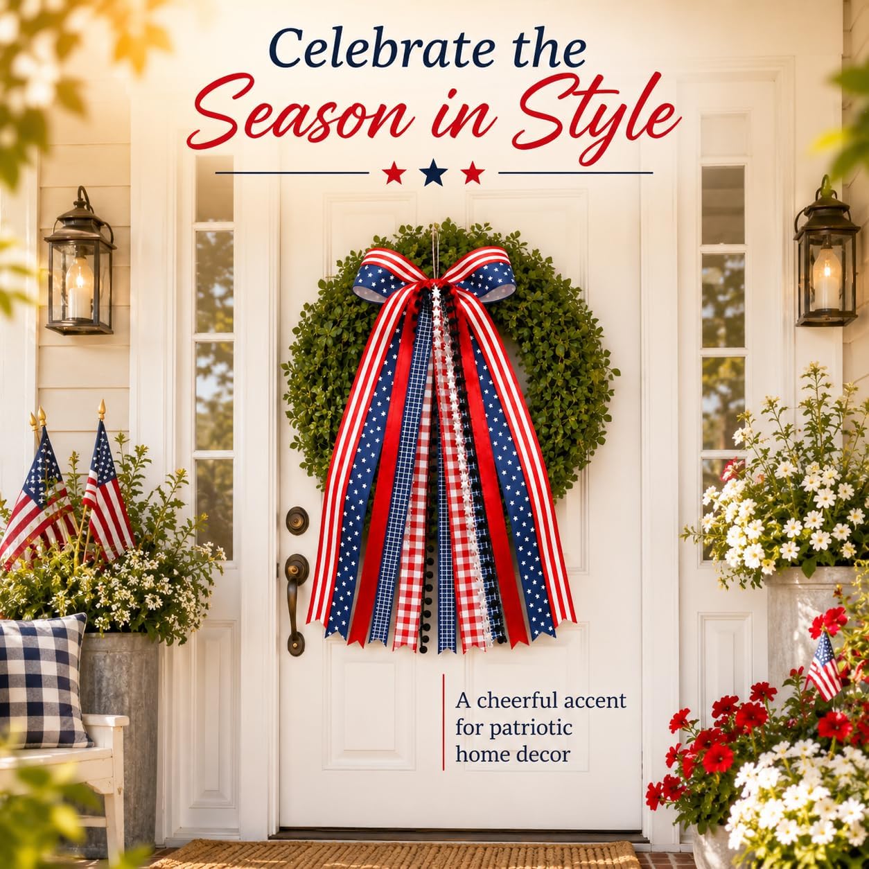 Large Patriotic Wreath Sash with Clip, 4th of July Red White and Blue Ribbon Bow for Front Door, Independence Day Memorial Veterans America 250th Anniversary Decorations