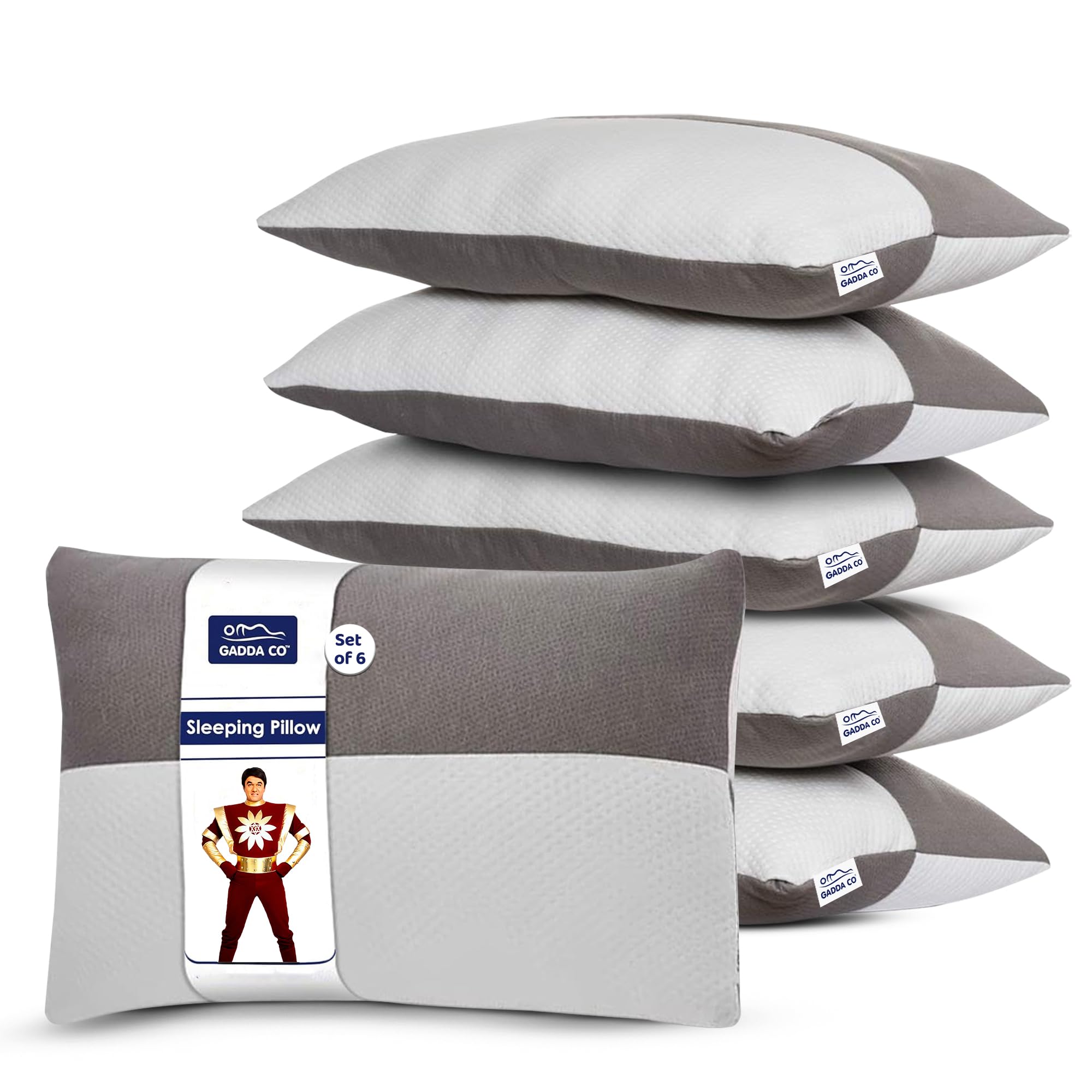 GADDA CO Hollow Fiber Sleeping Pillow Set of 6 | Cloud-Like Sleep Comfort | Soft & Fluffy Bed Pillows | Adjustable Height | White & Grey | Standard Size (27 x 16 Inches) | 6 Months Warranty