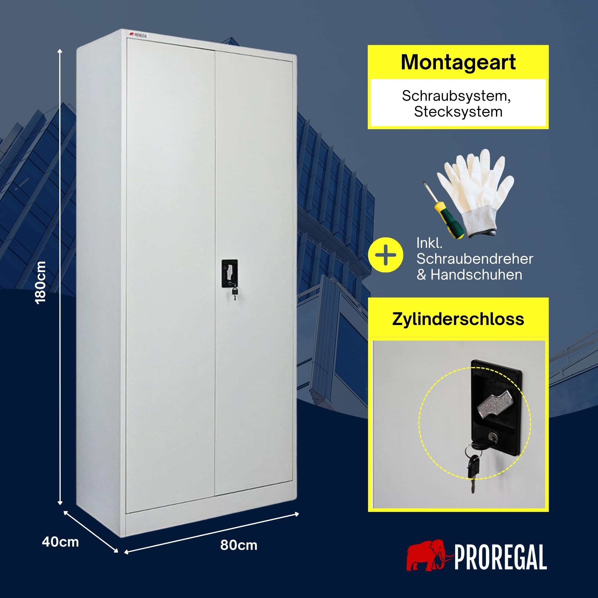 PROREGAL Flügeltürenschrank Elephant Metall Spind Schrank abschließbar 2 Türen 180x80x40cm Stahl 6 Fächern & Kleiderstange Stahlschrank Pulverbeschichtung Lichtgrau Garderobenschrank Aktenschrank