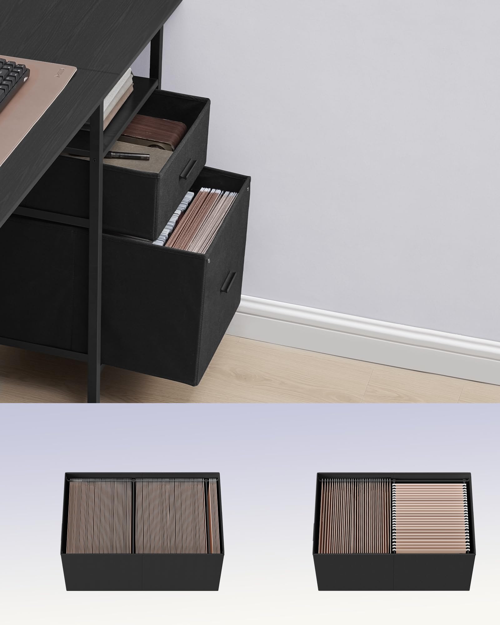 VASAGLE Biurko do gier z szufladami z tkaniny, stół komputerowy ze stojakiem na ekran, listwa zasilająca, 2 porty USB, do domowego biura, 120 x 60 cm, czarny drewno LWD093B01V1
