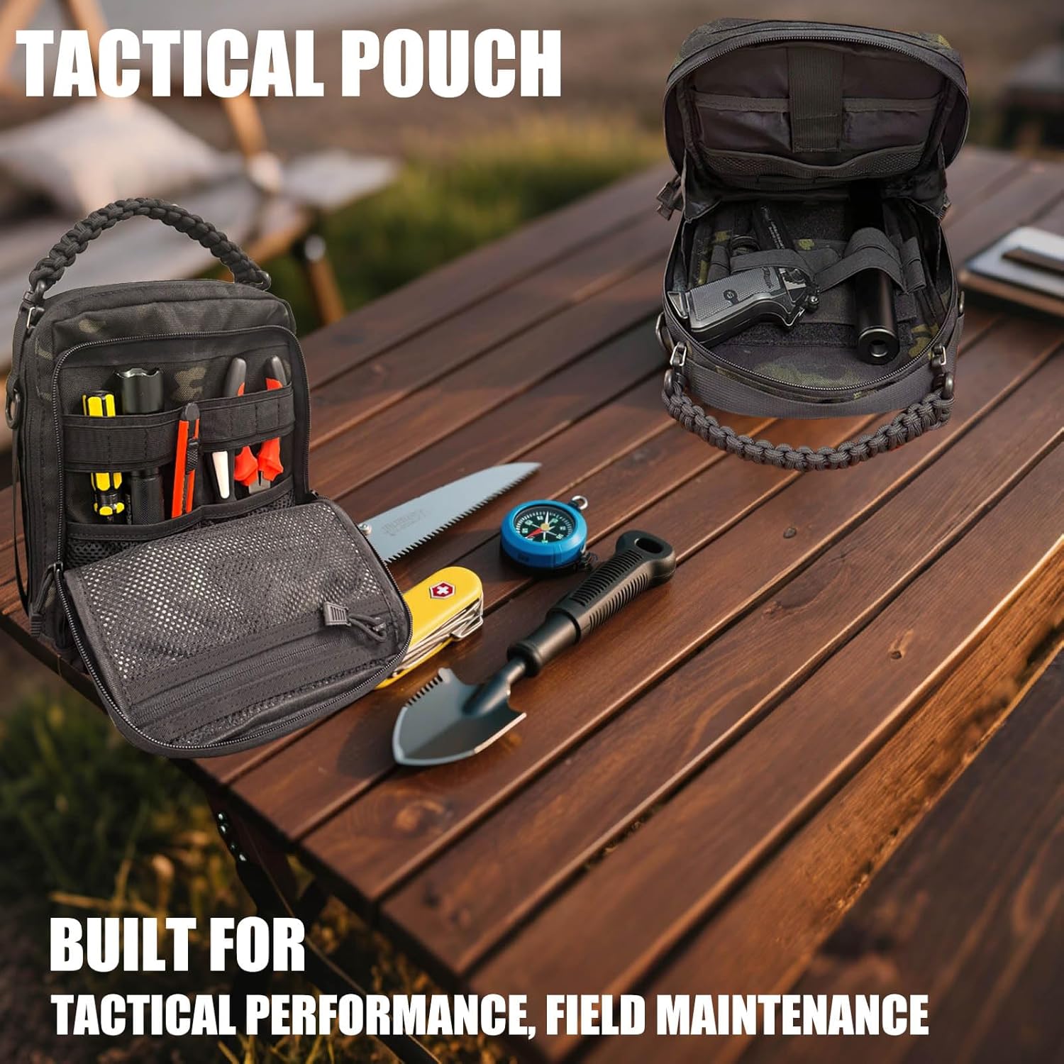 Tactical EDC Pouch, Dual Layer MOLLE Utility Pouch for Versatile Storage, Military-Style Medical EMT Organizer Bag with American Flag Patch, Black-C