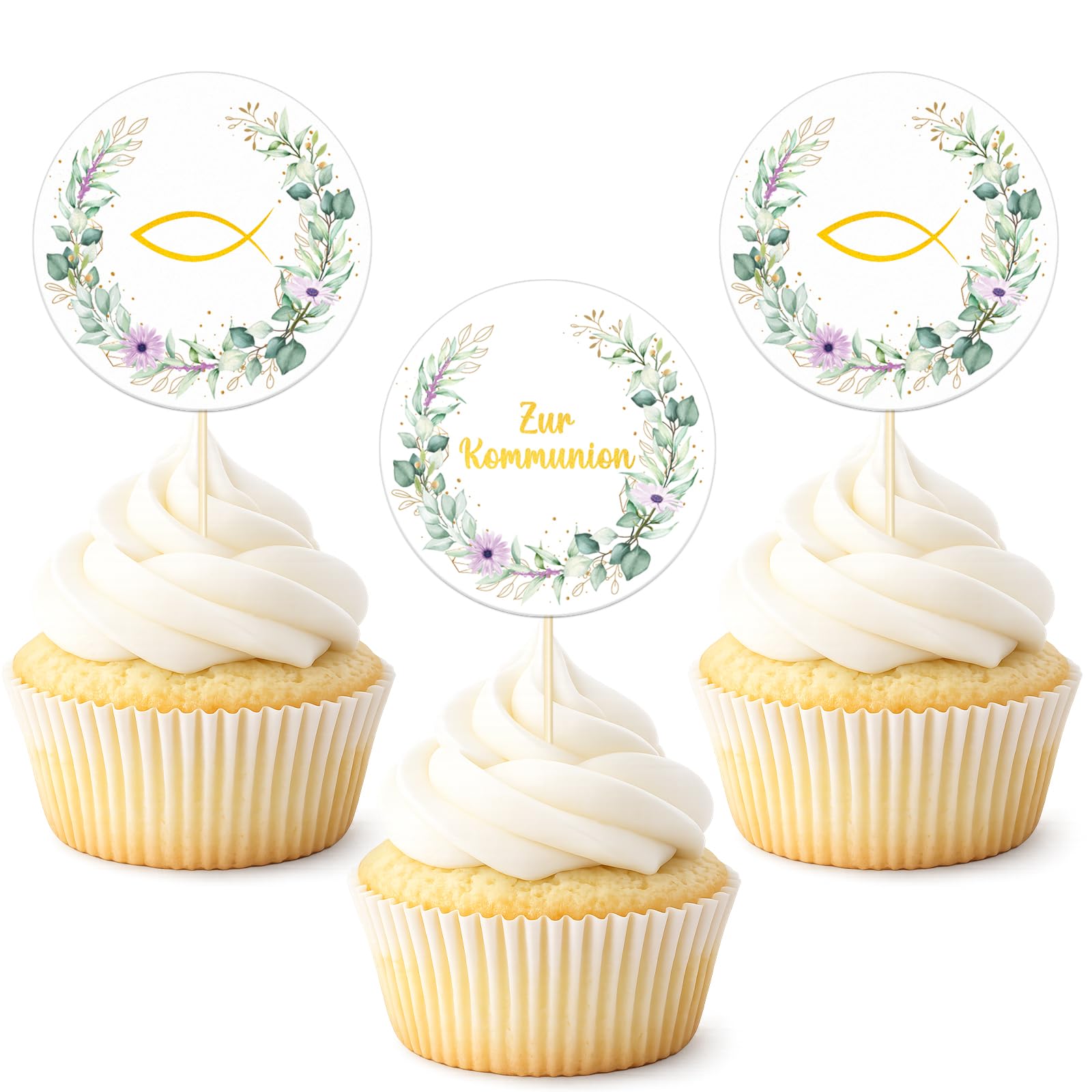Tortendeko Kommunion, 30 Stück Tortenstecker Cake Topper Kommunion, Fisch Eukalyptus Cupcake Topper Deko Torte, Muffin Deko Erstkommunion für Jungen und Mädchen