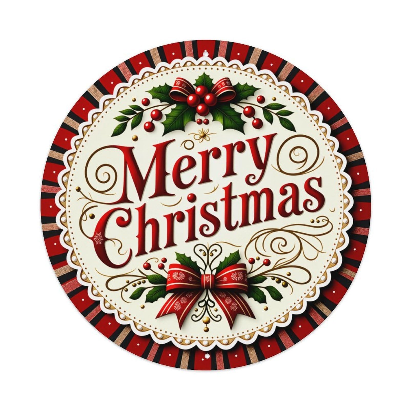 Merry Christmas Red Bow Holly Berries Pattern Round Vintage Tin Sign,Retro Wall Art,Metal Poster for Home, Bar, Garage, Cafe, Rustic Indoor & Outdoor Decor, 8x8 Inches