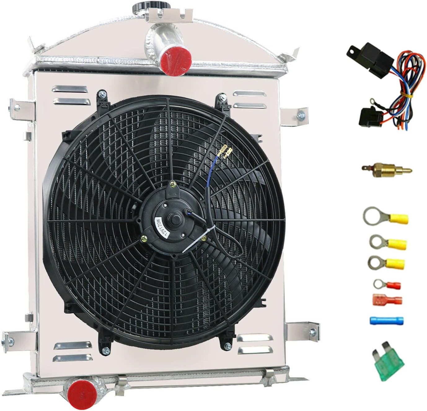Aluminum Radiator Fit 28-29 Ford Model A AA Sedan Delivery 3.3L L4;4 Row All Aluminum Radiators + Shroud + Fan + Relay