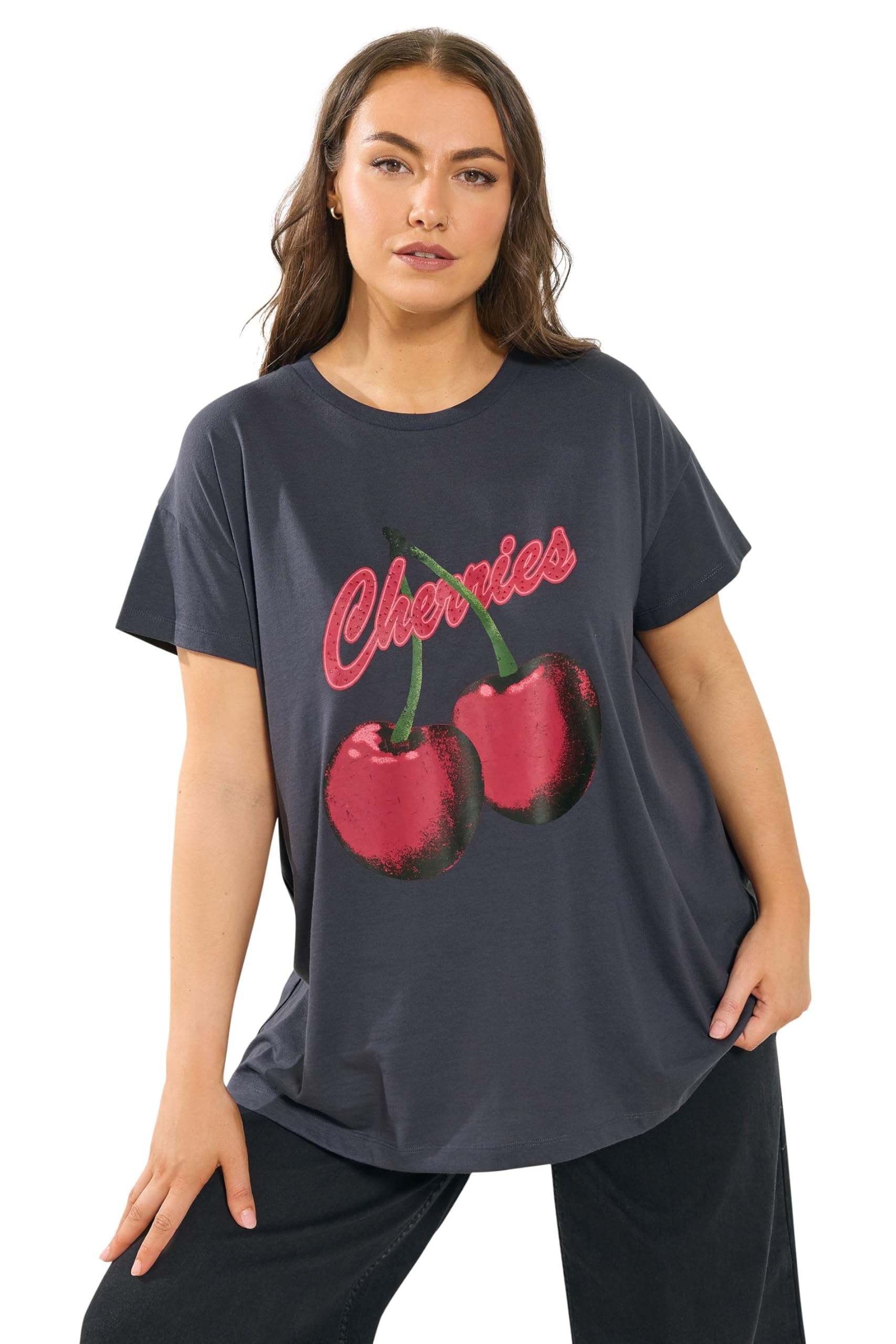 Yours Women's Grey Curve 'Cherries' Embellished Slogan T-Shirt - Plus Size Curve