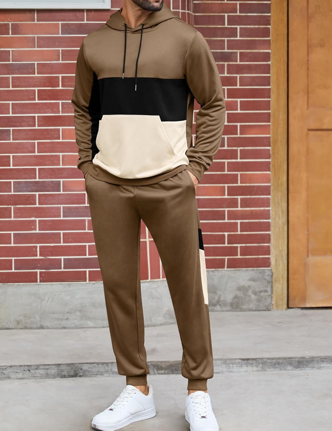 LecGee Men's 2 Piece Outfits Color Block Hoodie Sweatshirt Jogger Pants Set Casual Athletic Sweatsuit for Men - Image 4