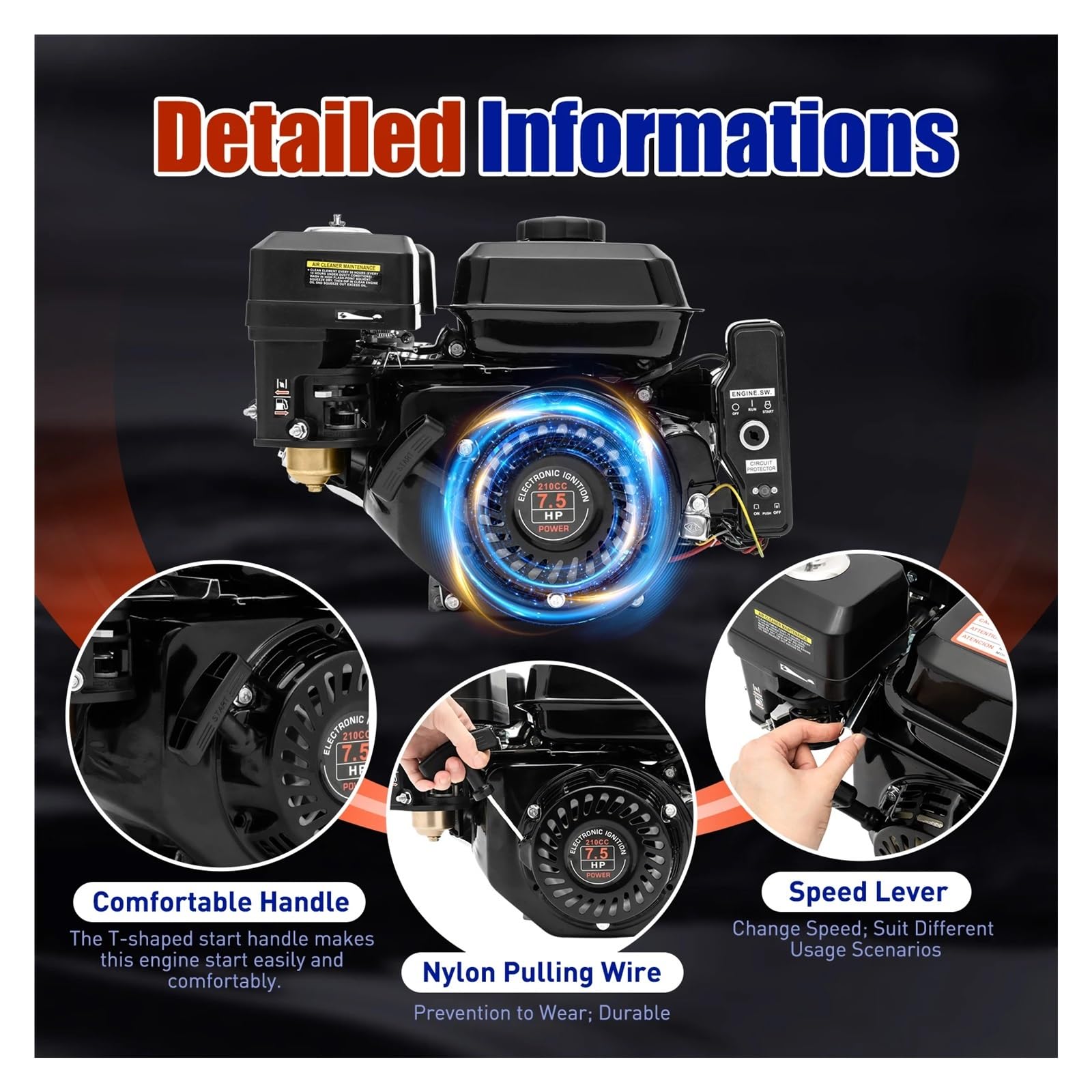 Moteur horizontal à essence de kart à 4 temps à démarra électrique de 7,5 CV et 212 cm³