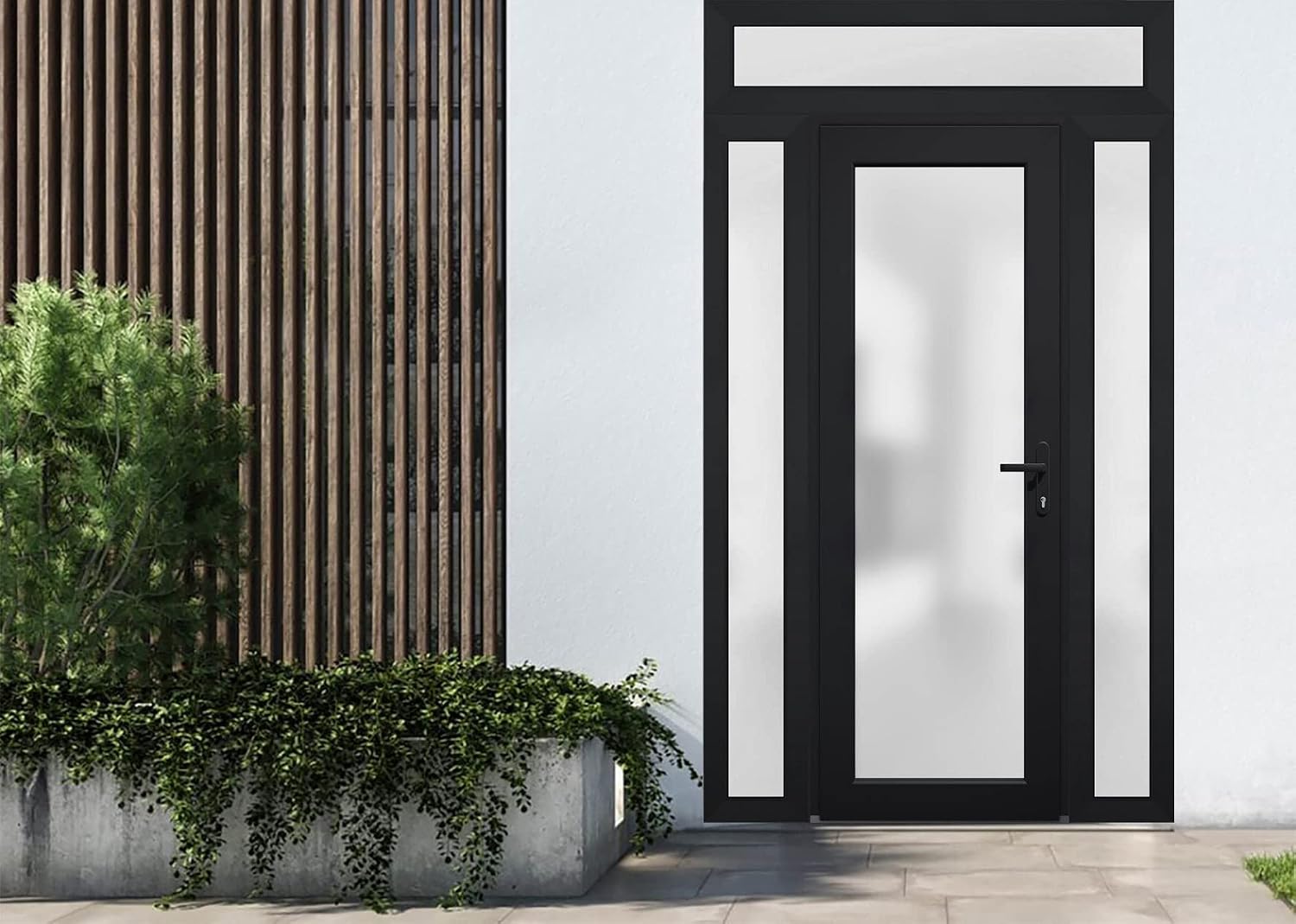 VDOMDOORS Front Exterior Prehung Fiberglass Door Frosted Glass/Manux 8102 Matte Black / 2 Side and Top Exterior Window/Entrance Patio Garage-W16+30+16" x H80+14"-Left-Hand Inswing