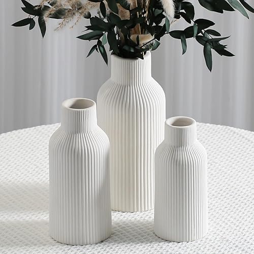 Miniatura 2 de Jarrón bohemio de cerámica blanca para hierba de las pampas, repisa, estantería, entrada y decoración de sala de estar (blanco, juego de 3)