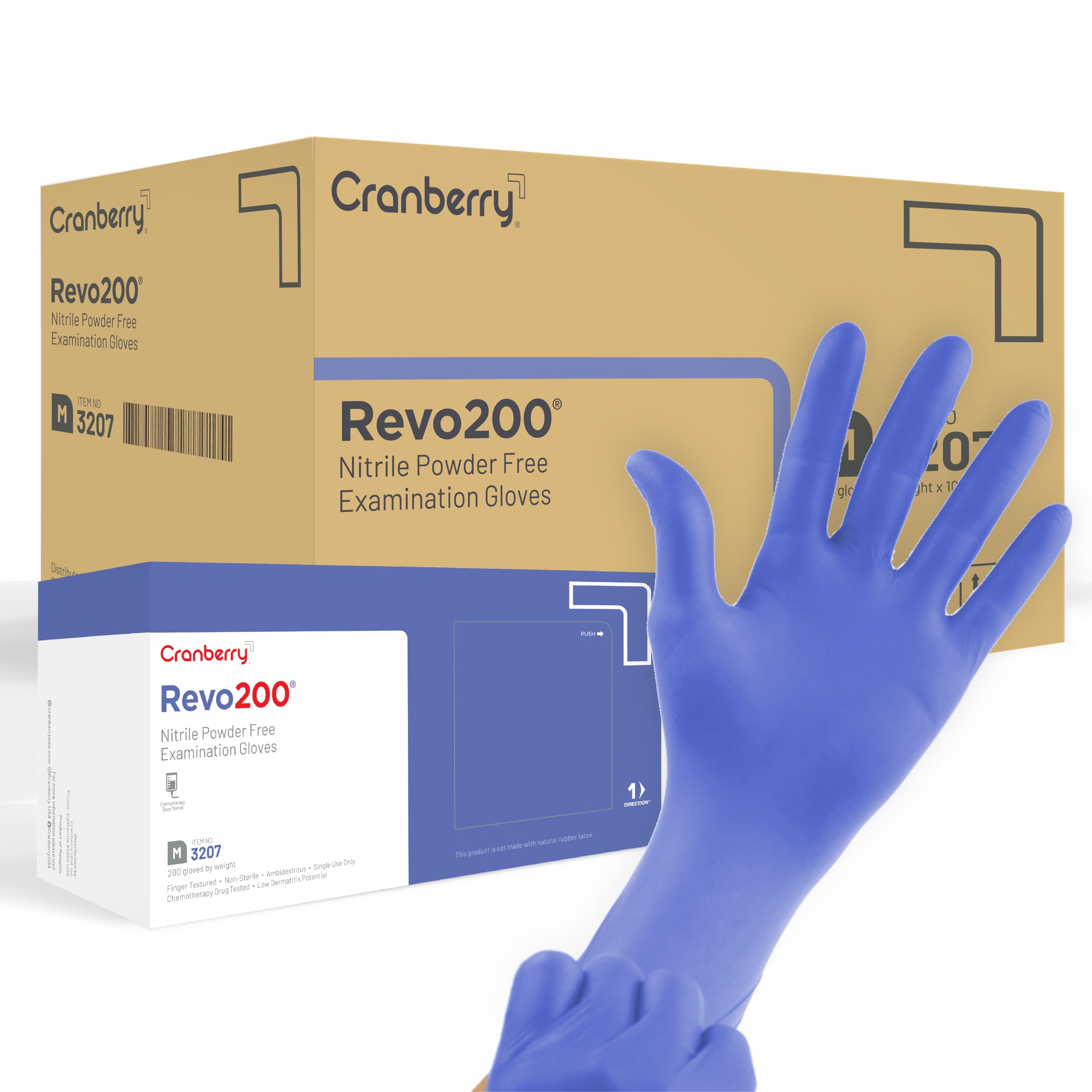 Cranberry USA Cranberry R200 Blue Nitrile Exam Gloves, Case of 2000, Medium, 3.0 Mil