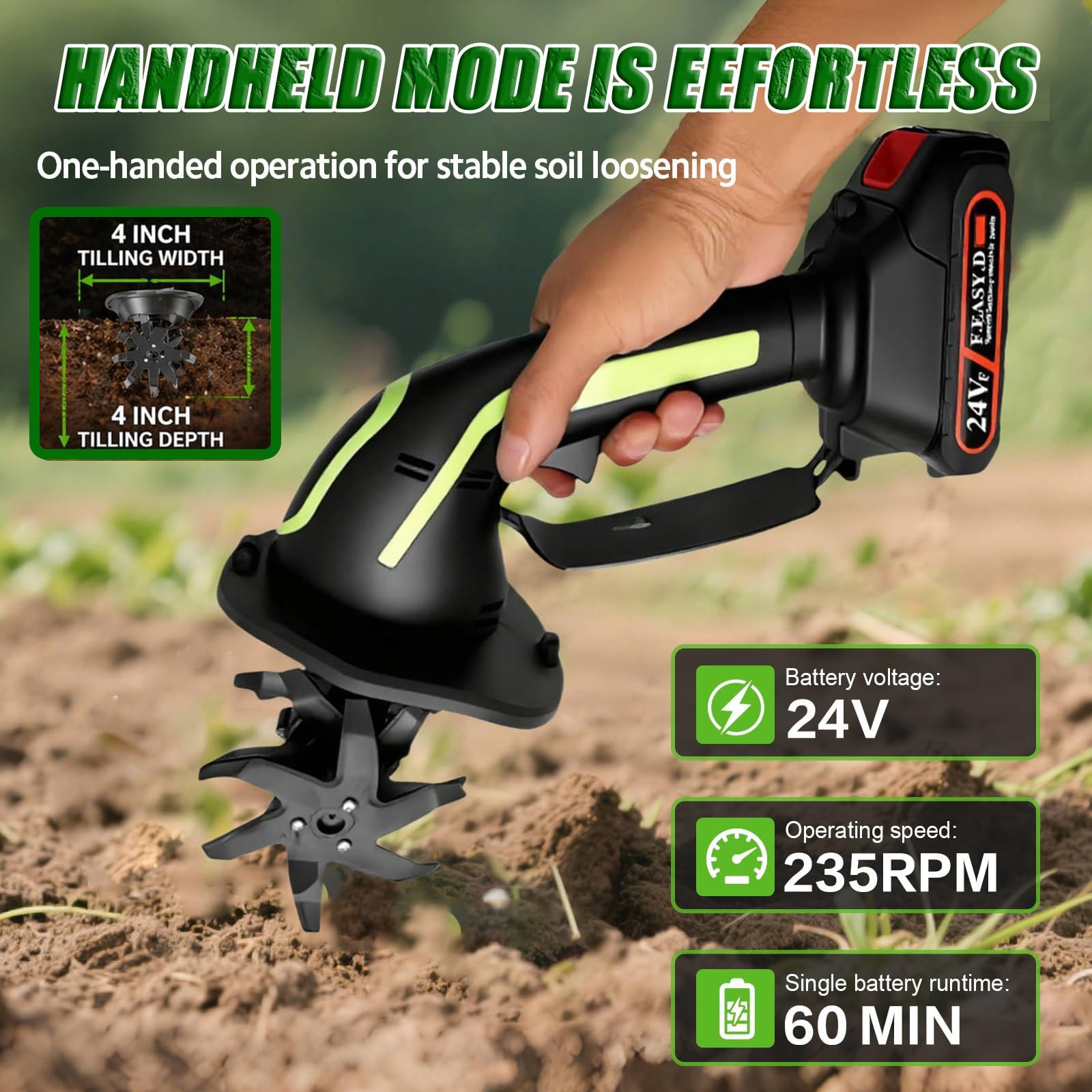 Motocultor y Motoazada sin Cable 2 en 1, Mini Motoazada de Jardín Alimentada por Batería de 550W, Cultivador de Suelo Portátil y Ligero para Césped, Huerto y Invernadero Batteryx1