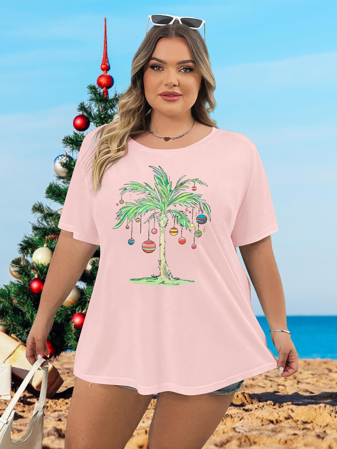 Plus Size Christmas in July Shirt Women Palm Tree Graphic Tee Funny Hawaiian Vacation Top Summer Beach Party T-Shirt - Image 4
