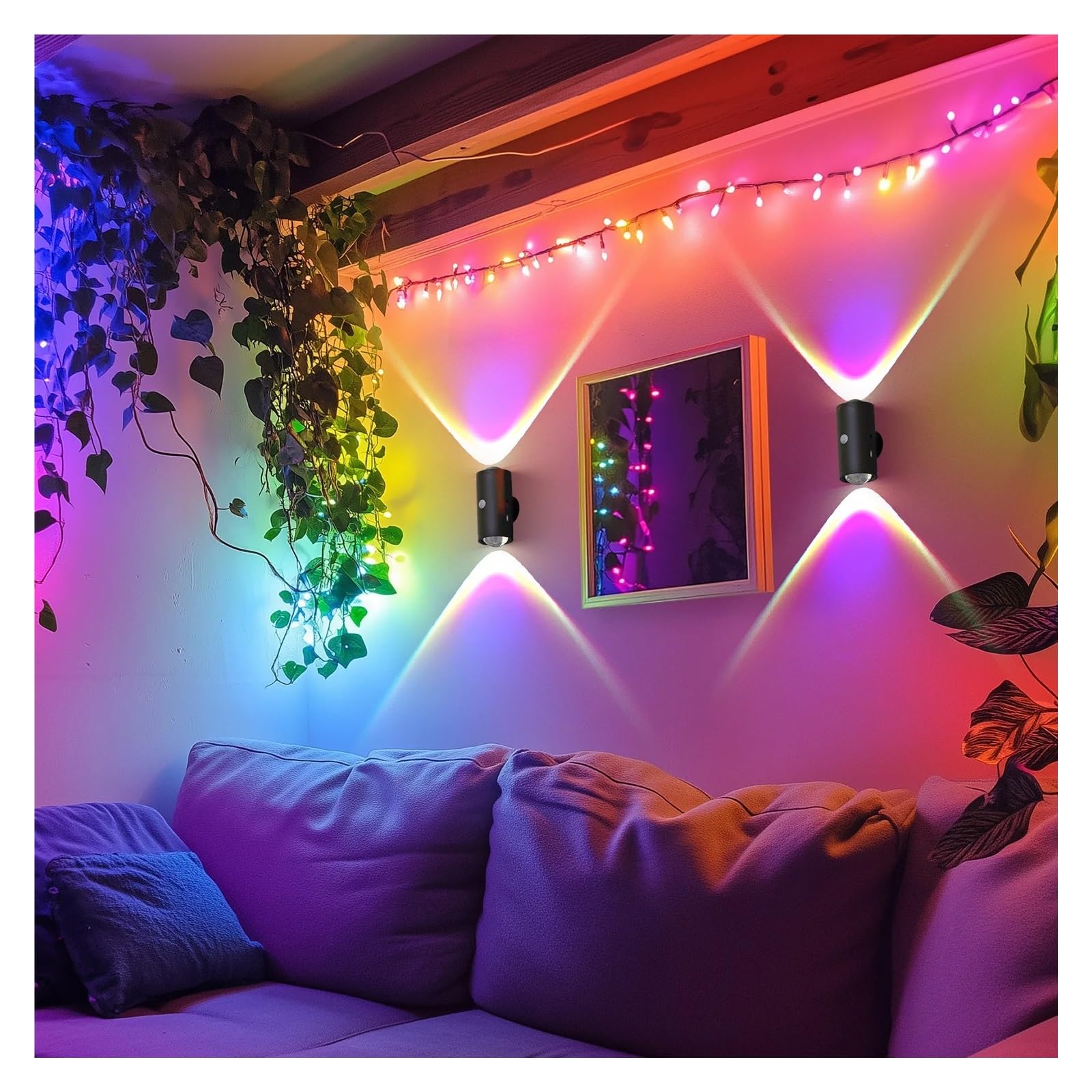 Luce LED con sensore di movimento, 8 effetti di luce, design su/giù, lampade da parete ricaricabili senza fili for interni, camera da letto, corridoio(BLACK-4PCS)