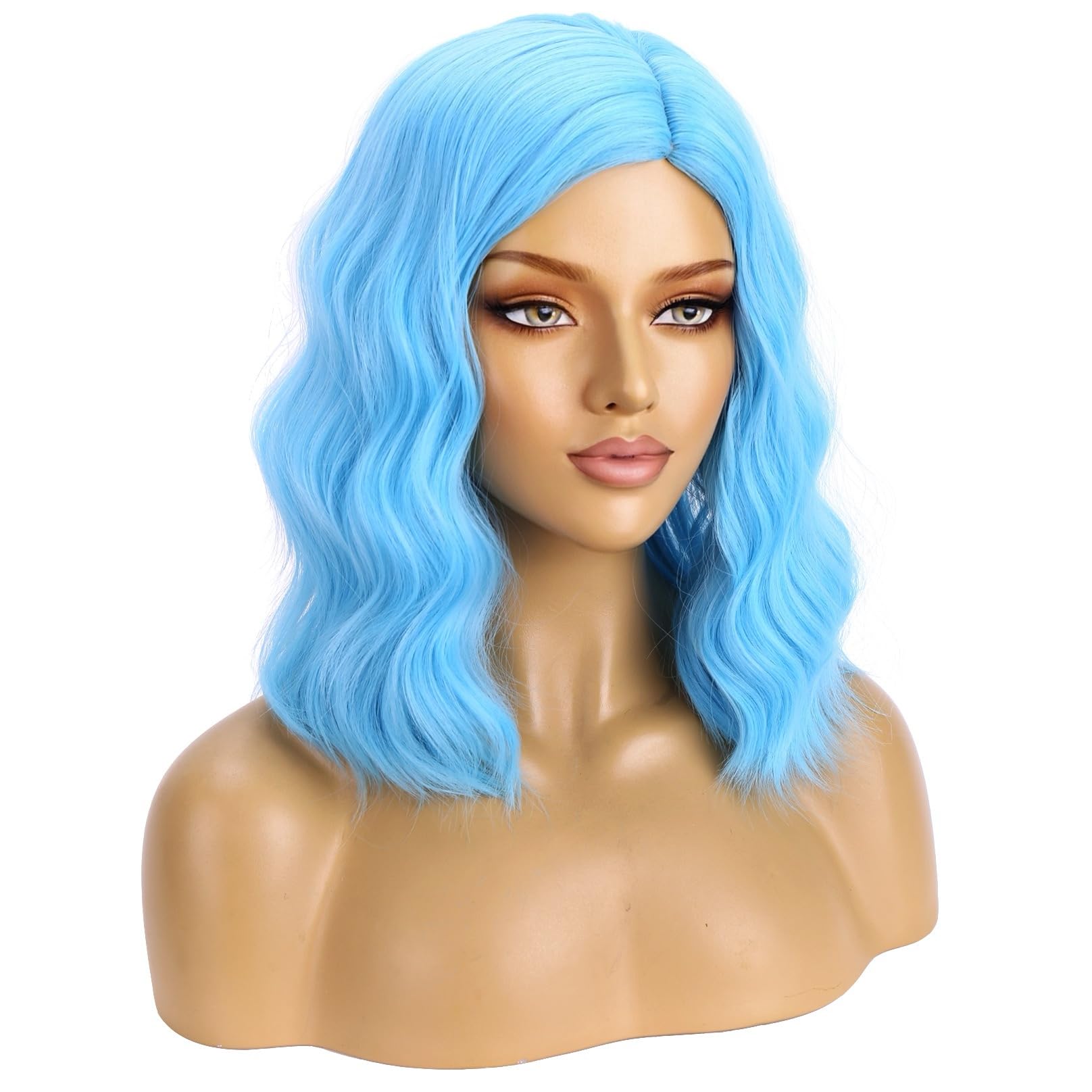 BERON Blue Wigs for Womens Short Curly Wavy Wig Girls 14 Inch Sky Blue Colored Side Part Wigs Shoulder Length Heat Resistant Synthetic Cosplay Party