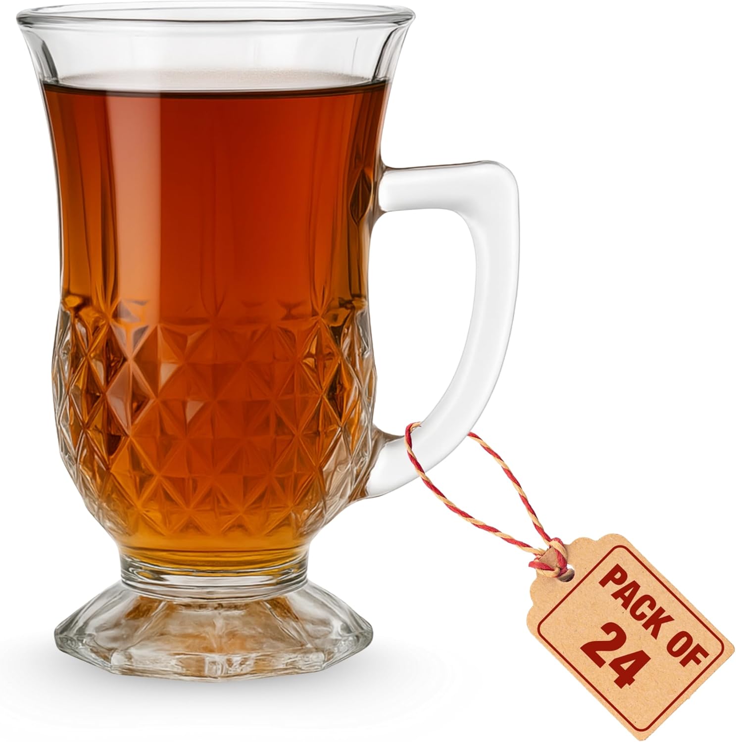 Footed Turkish Tea Glasses With Handle, Set of 24 Cups, Crystal Clear Tea and Latte Glasses, Slim Waist Design and Thick Sole Prevent the Drinks From Getting Cold, Dishwasher Safe, 5.5 oz