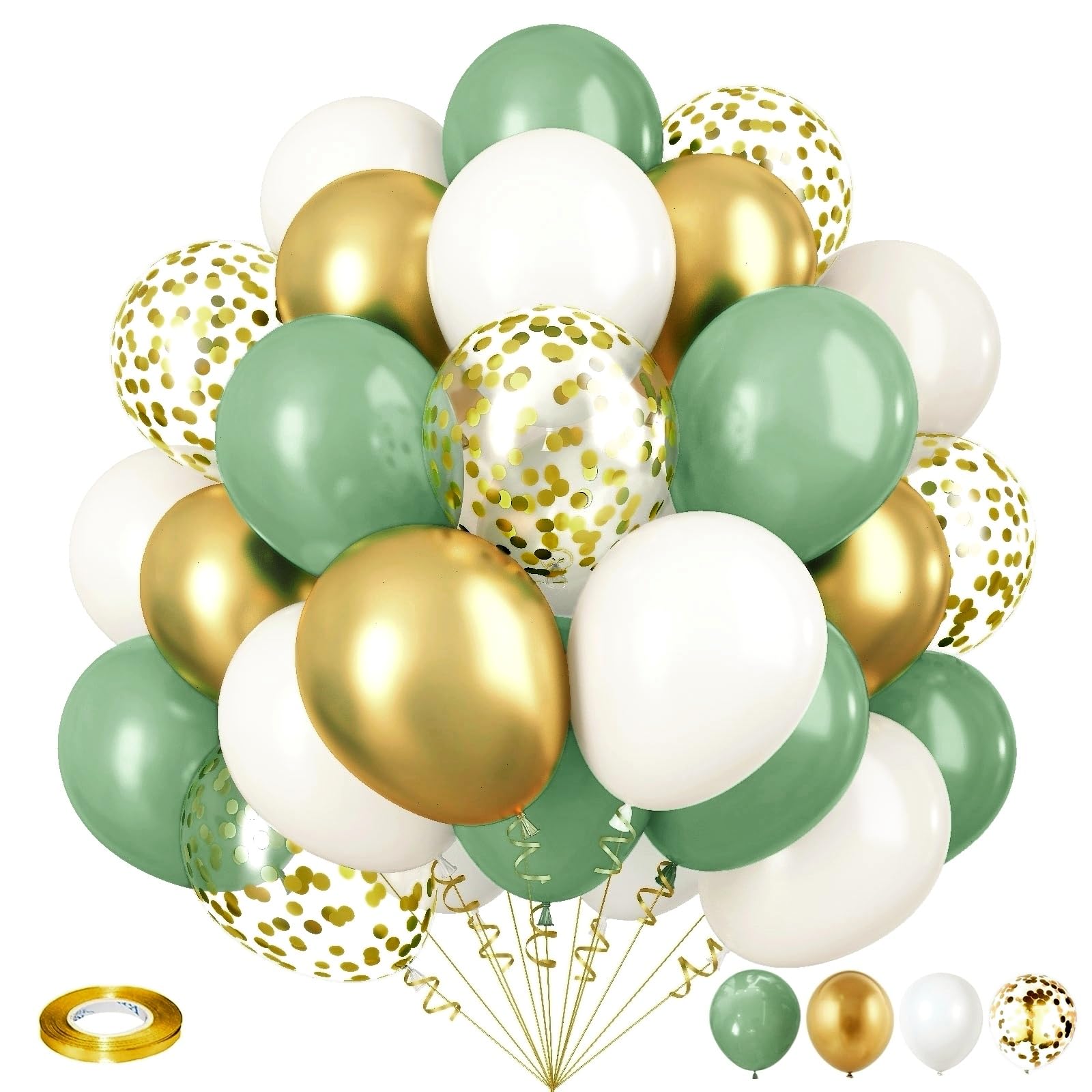 Isndare Sage Green and Gold Balloons, 12 Inch Olive Green White Metallic Gold Confetti Latex Balloons Set, Retro Green Gold Balloons for Birthday Wedding Jungle Baby Shower decorCarbonfree Certified