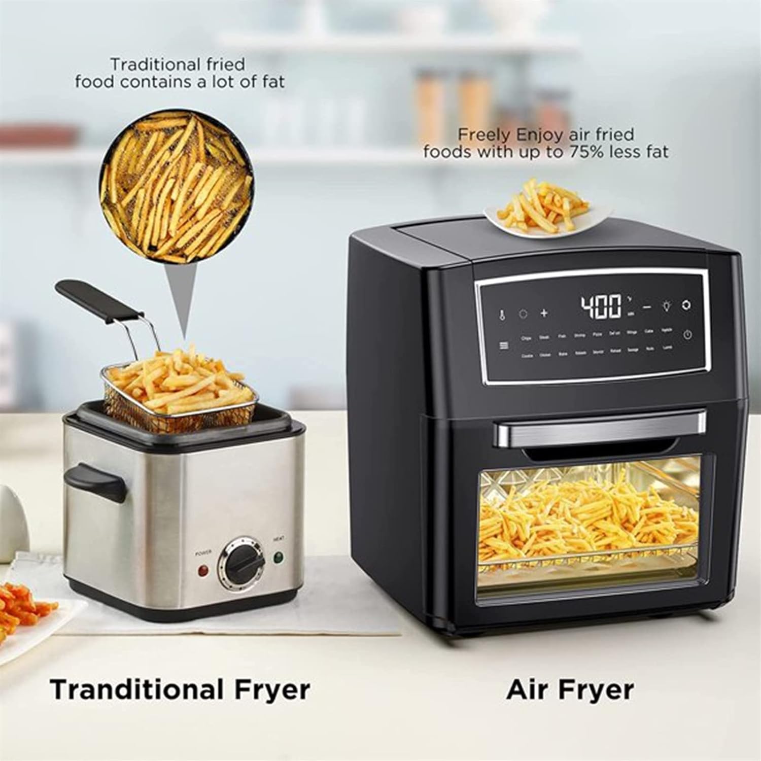 Comparison image showing a traditional deep fryer with oil next to the AYGEN CalmDo Air Fryer Oven, highlighting the health benefits of air frying.