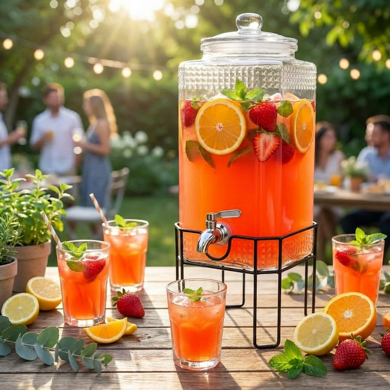 2 Gallonen Glas Getränkespender Getränkespender für Partys, Getränkespender mit Ständer und Glasdeckel, 100% auslaufsicherer Edelstahl-Zapfhahn für Limonade, Saft, Sangria, Eistee und Cocktails
