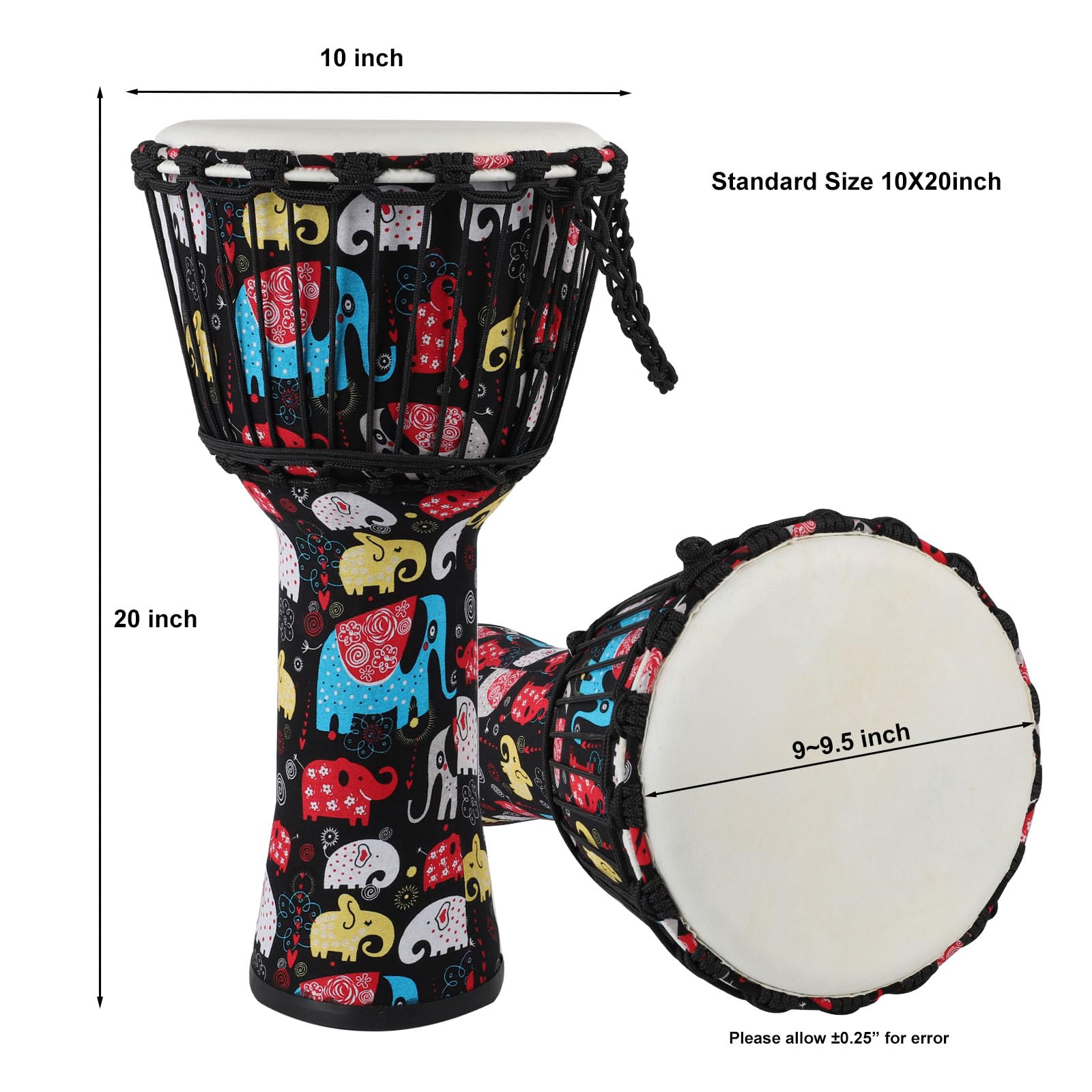 BGMUSER Djembe African Drum 10 x 20 inch Lightweight Hand Drum with Goatskin Drumhead and Fabric cover pvc body (Colorful Elephant Pattern)
